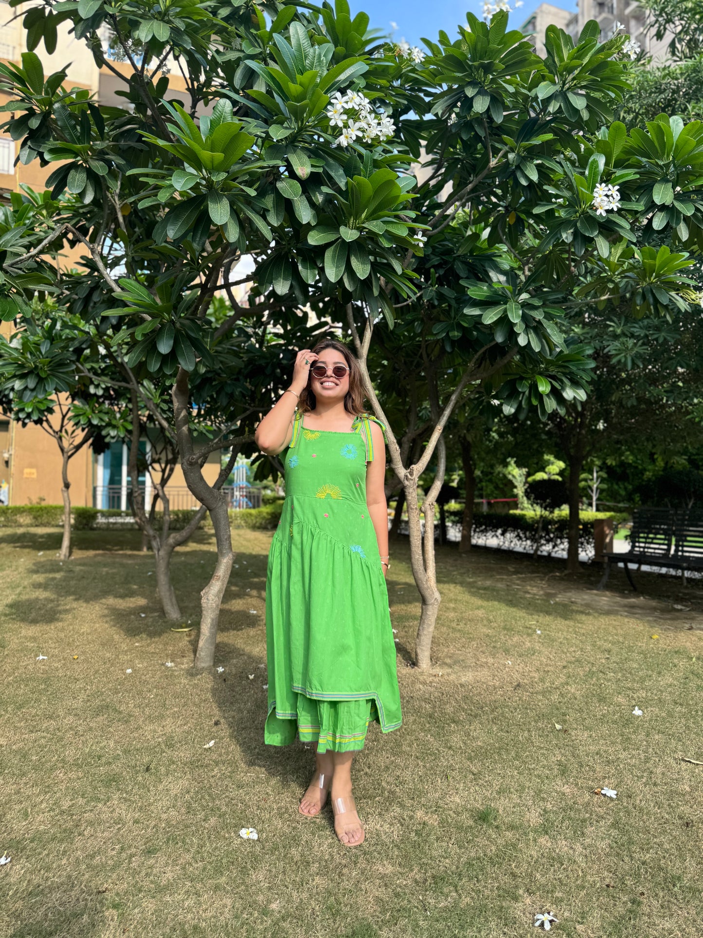 Meadow Glow Tiered Green Cotton Dress