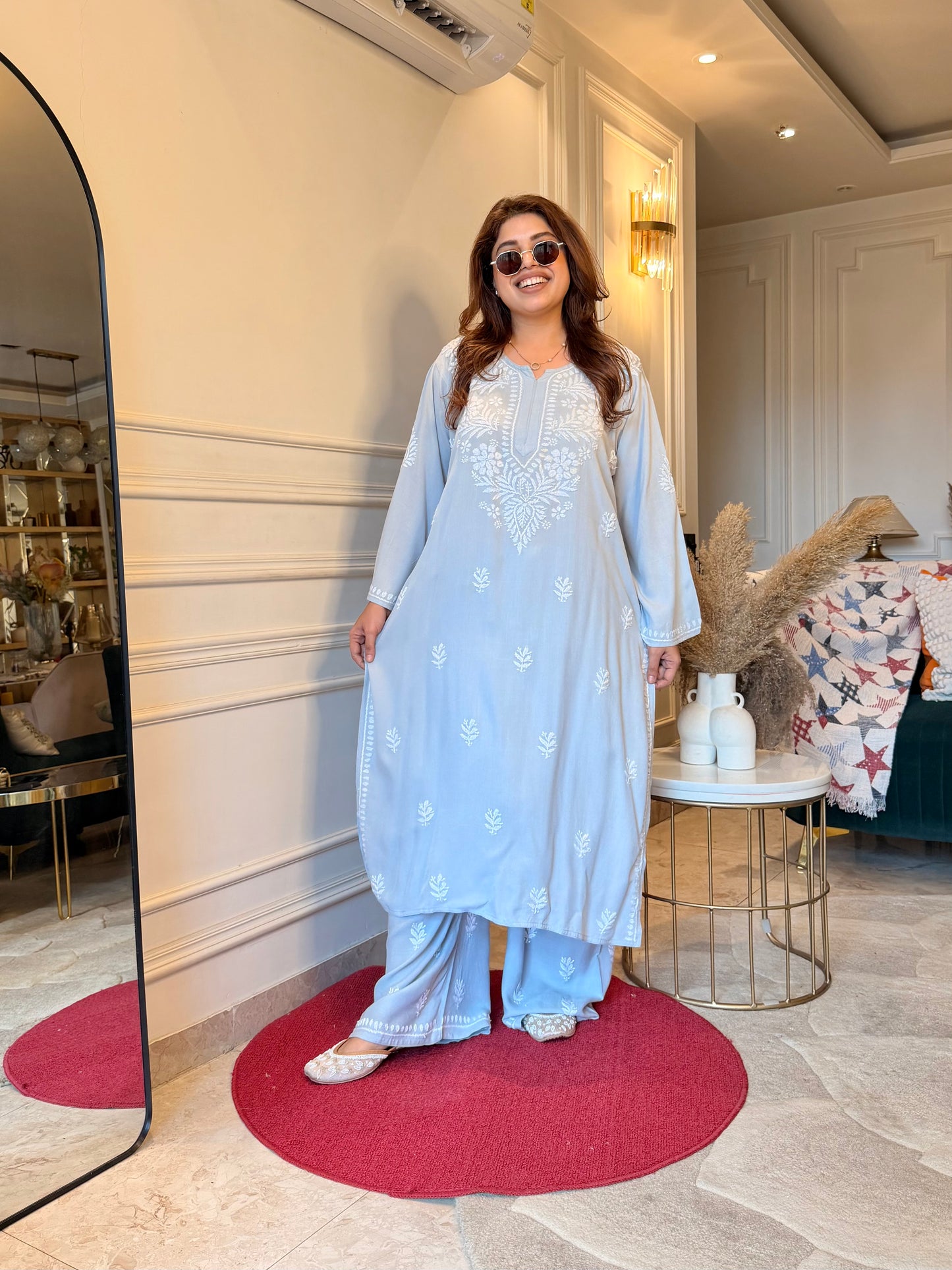 Hand Embroidered Chikankari Kurta set | Modal | Pastel Grey