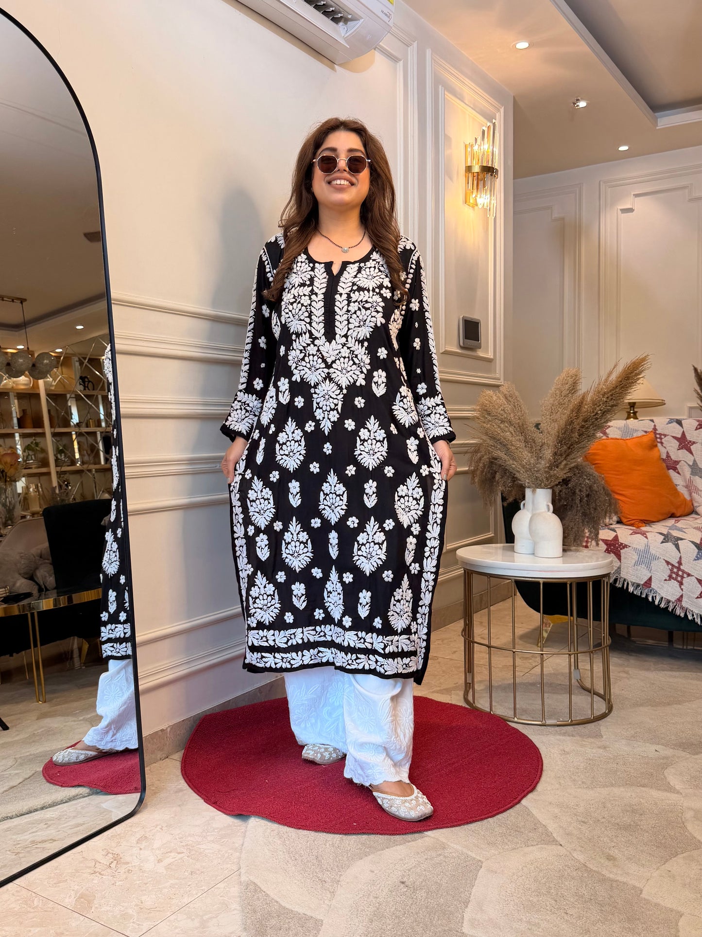 Hand Embroidered 6D Chikankari Kurta | Modal | Black with White Chikankari