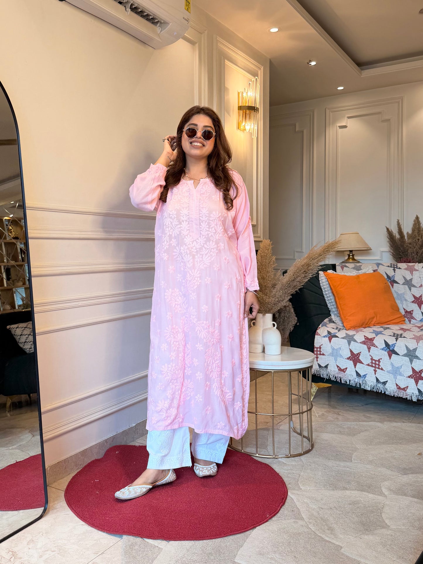 Hand Embroidered Chikankari Kurta set | Mul Chanderi | Baby Pink