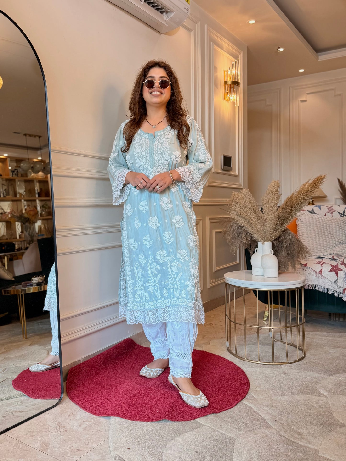 Hand embroidered 6D Chikankari Kurta | Mul Chanderi | Sage