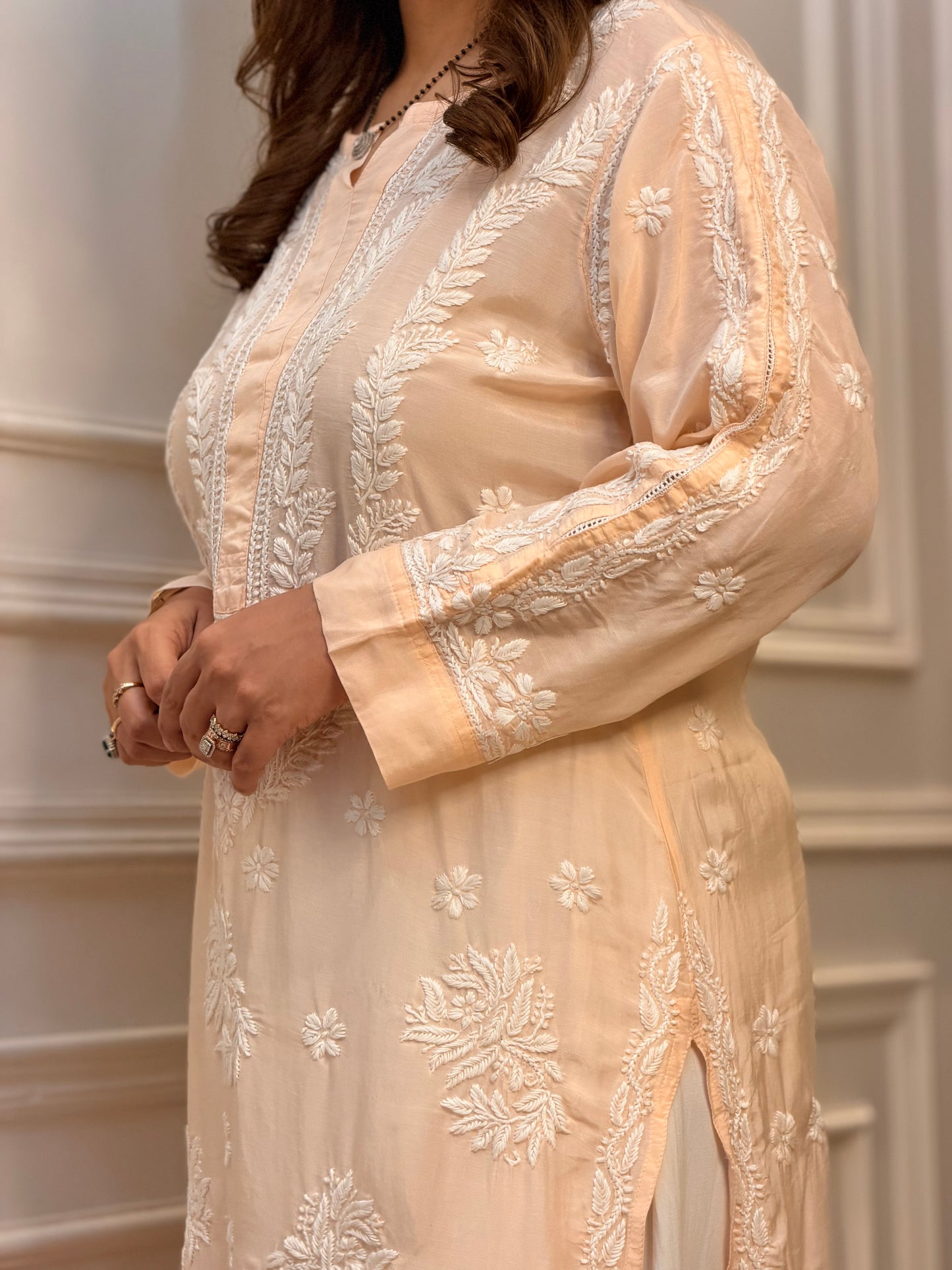 Hand Embroidered Chikankari Kurta Set | Premium Mul Chanderi | Light Peach