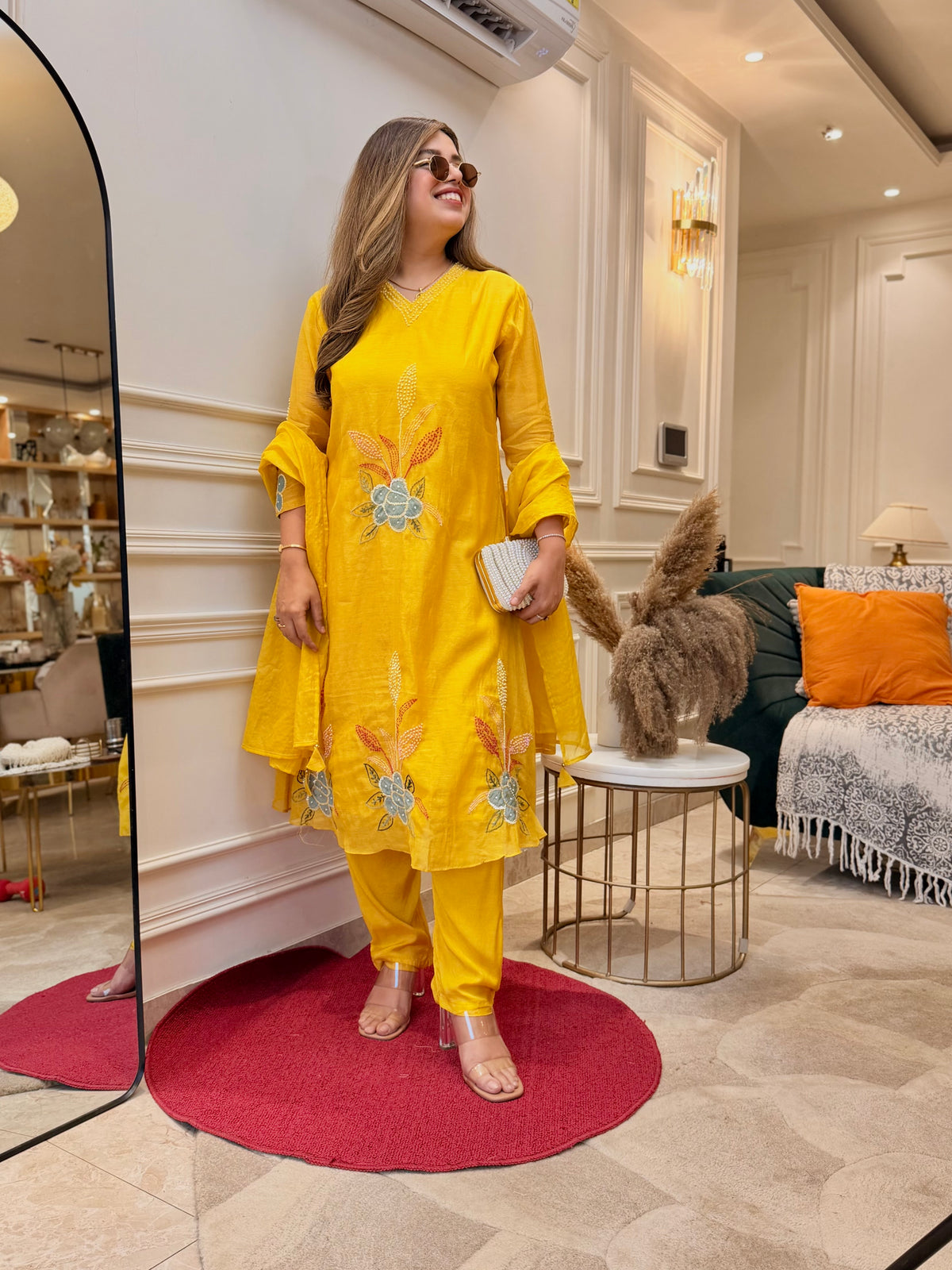 Exclusive Mul Chanderi 3Piece A line kurta set | Mustard
