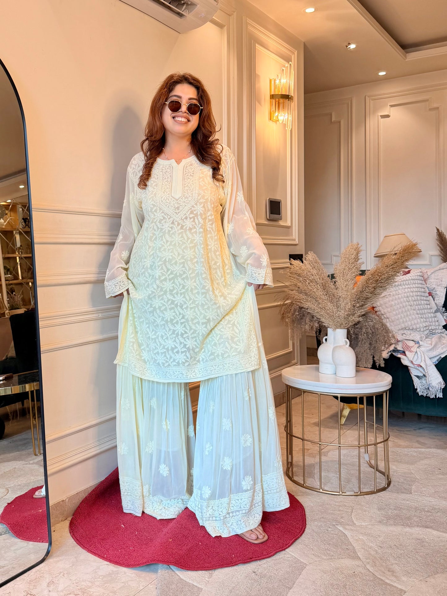 Delicate Full Zaal Hand Embroidered Chikankari Sharara set | Viscose | Lemon Yellow