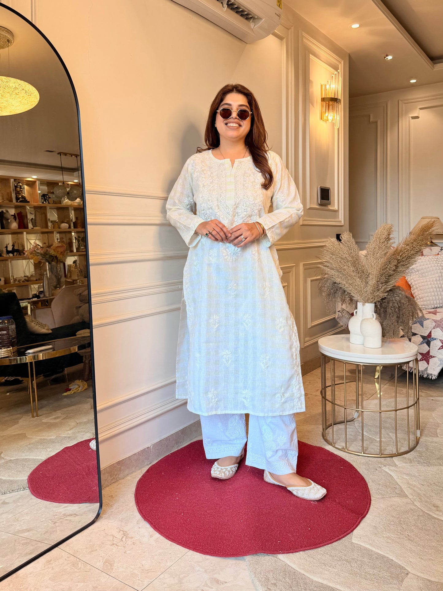 Hand Embroidered Chikankari Kurta Set - Kota Doriya Fabric | Mint Green