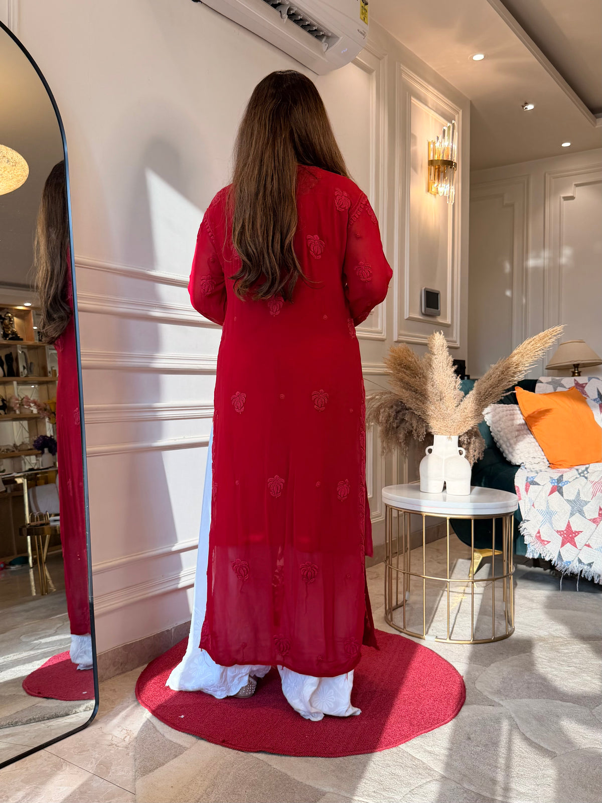 Hand Embroidered 3DChikankari Kurta  | Viscose | Cherry Red