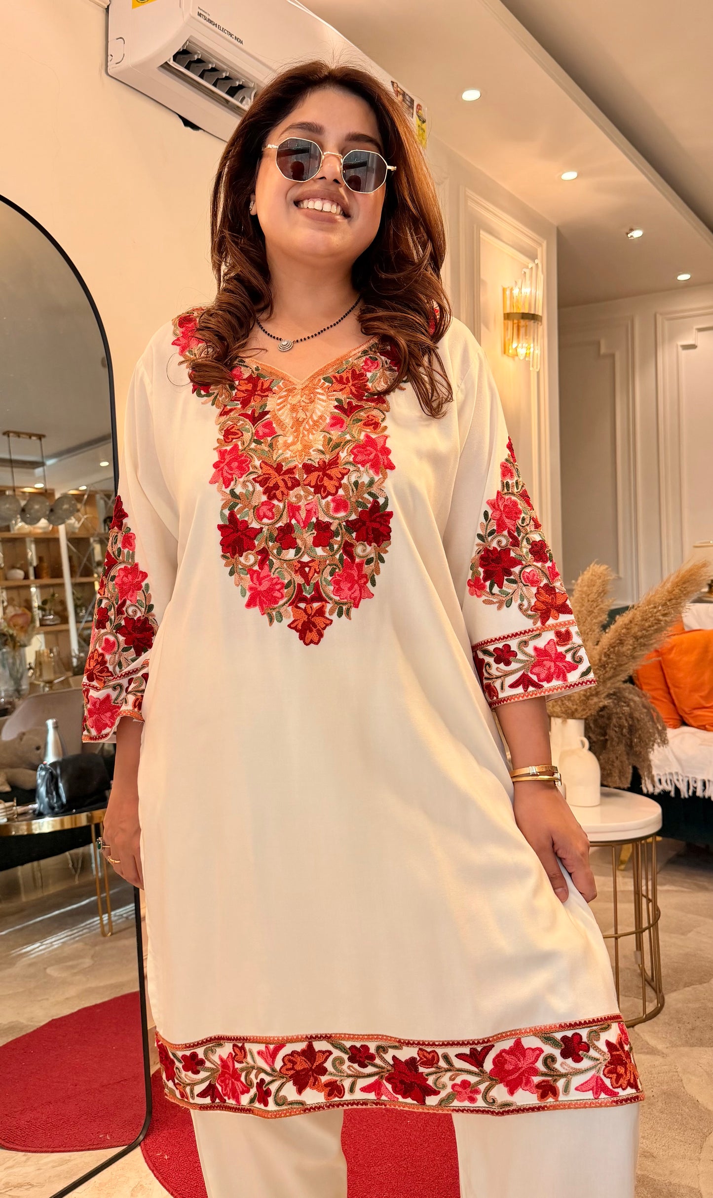 Cotton Kashmiri Emberoried Cordset- Cream Colour