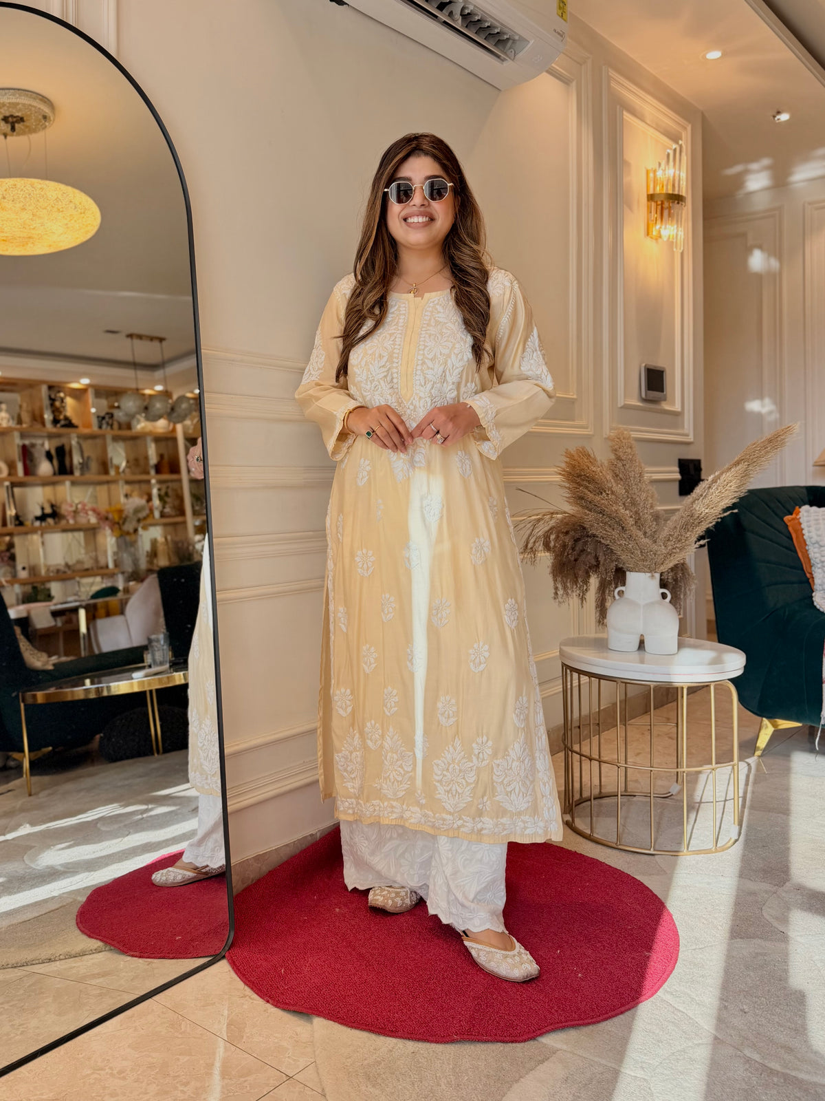 Hand Embroidered 3D Chikankari Kurta | Mul Chanderi | Light Yellow