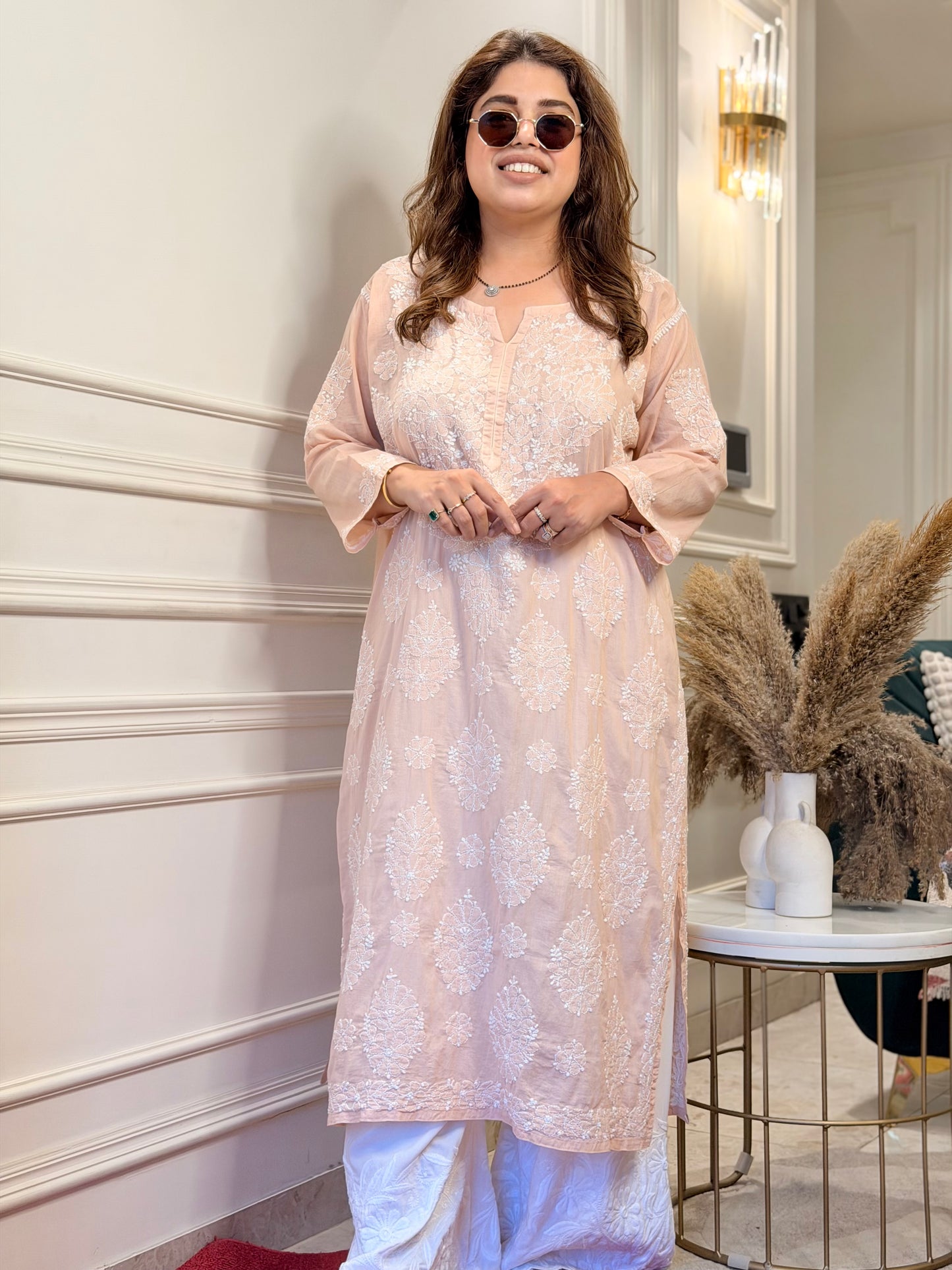 Hand Embroidered Chikankari Kurta | Premium Mul Cotton | Beige Peach