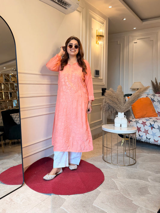 Hand Embroidered Chikankari Kurta set | Mul Chanderi | Rust Orange