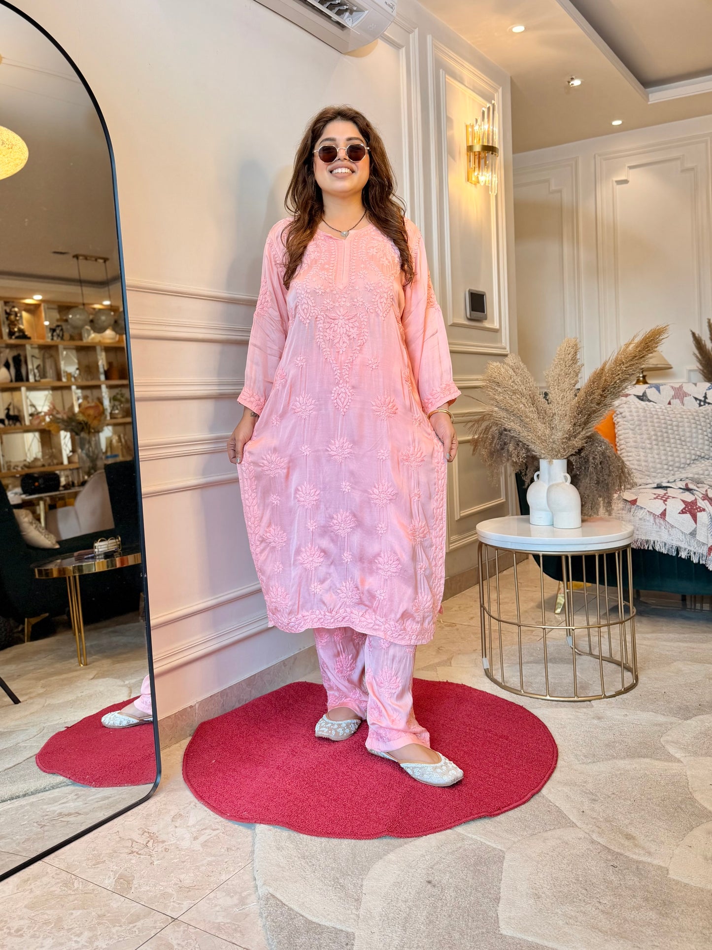 Hand Embroidered Chikankari Kurta set | Modal Satin Silk | Peach