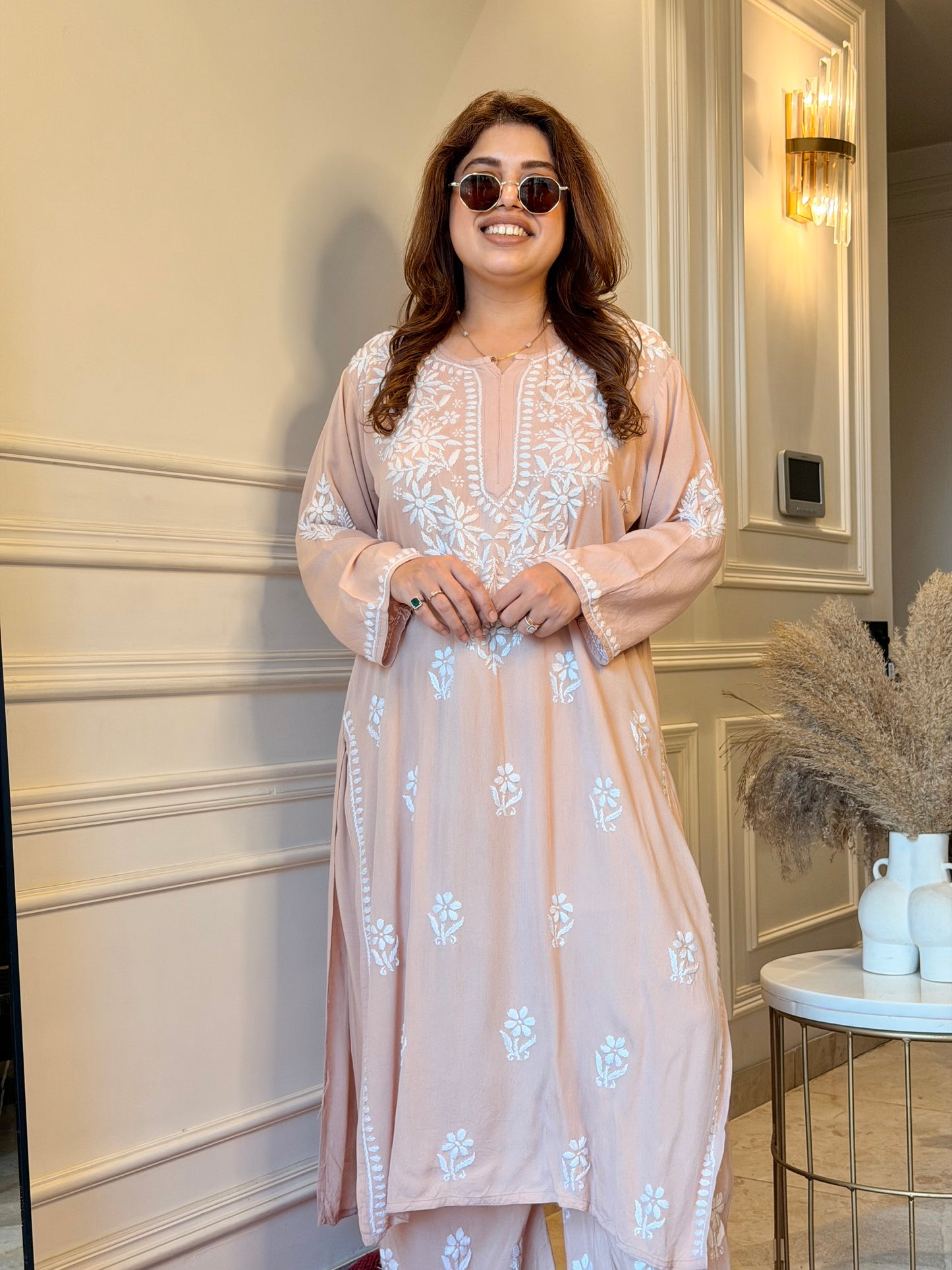 Hand Embroidered Chikankari Kurta set | Modal | Nude Beige