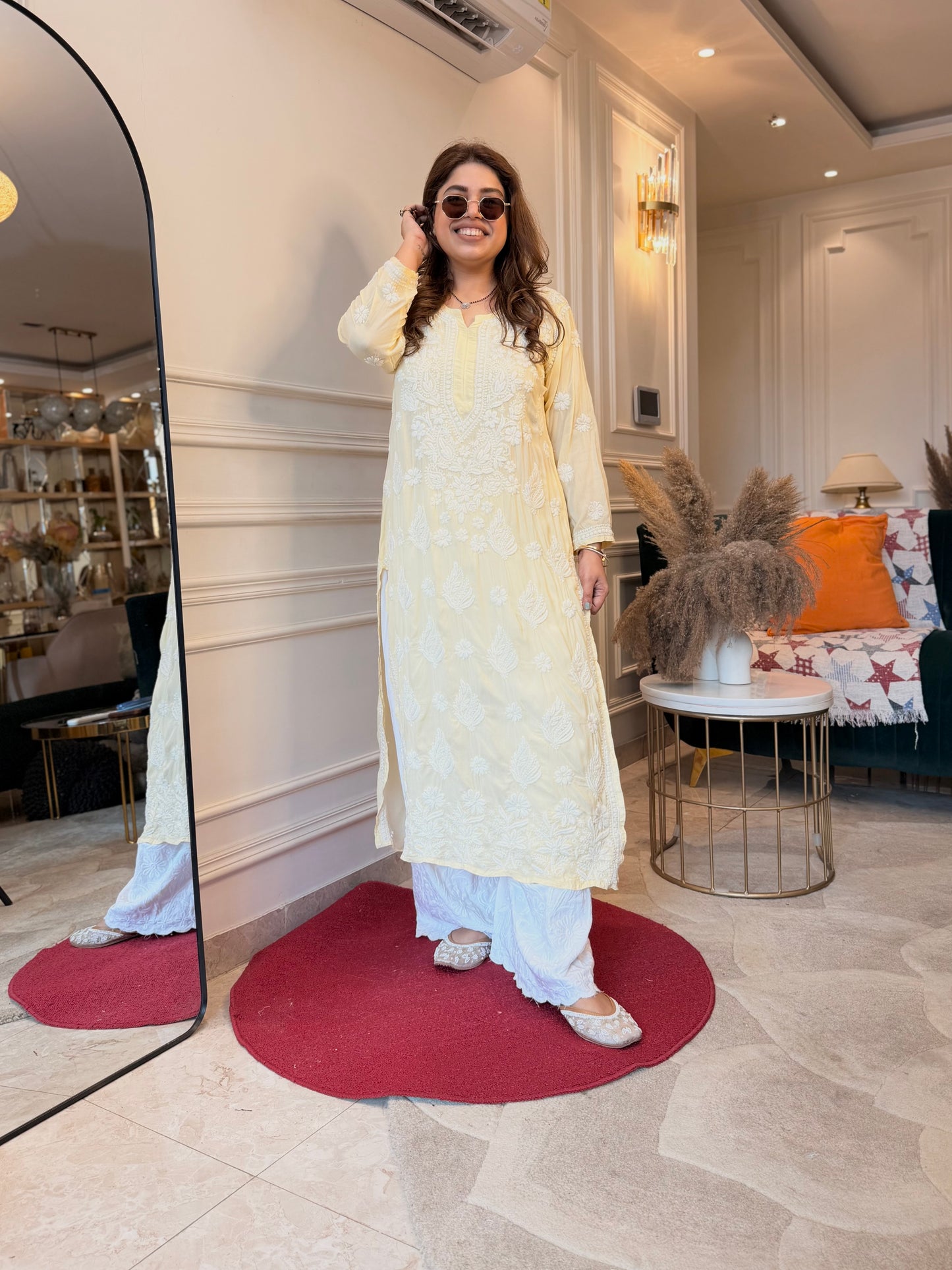 Hand Embroidered 3DChikankari Kurta  | Mul Chanderi | Butter Yellow