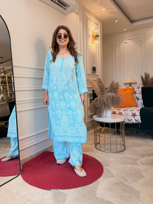 Hand Embroidered Chikankari Kurta set | Modal | light Blue