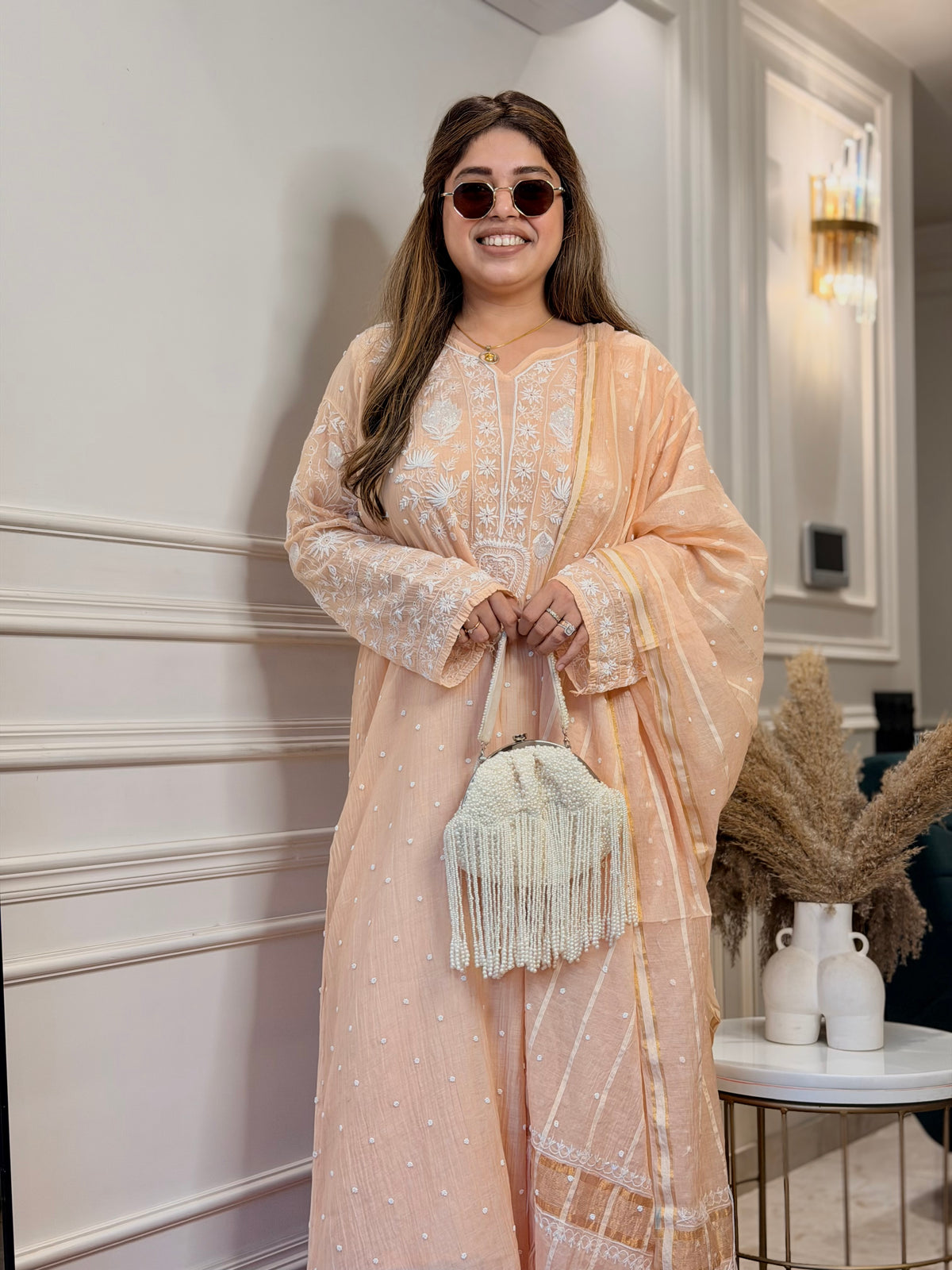 Premium Hand Embroidered Chikankari Kurta & Duppta | Mul Chanderi | Peach