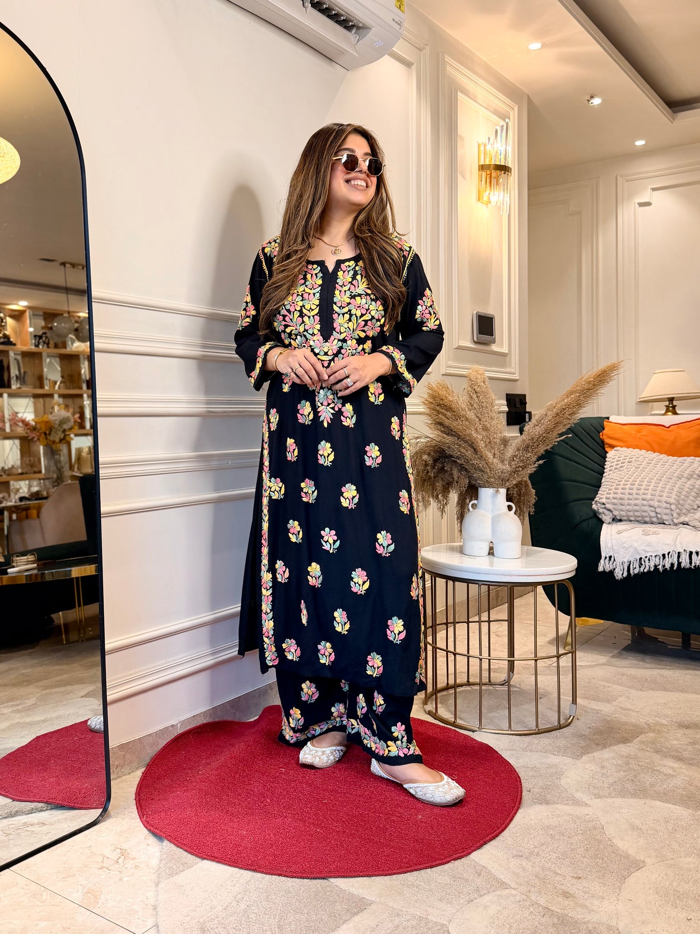 Hand Embroidered Chikankari Kurta Set | Modal | Black with Multi colour