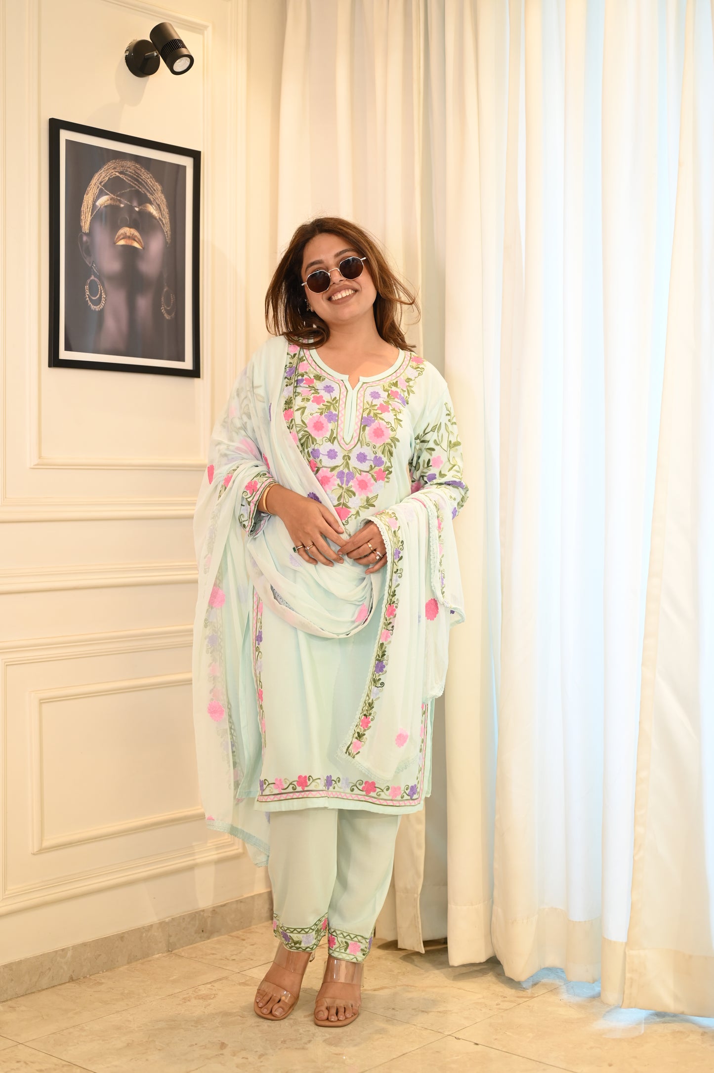 Elegant Frozi Blue Floral Embroidered Suit