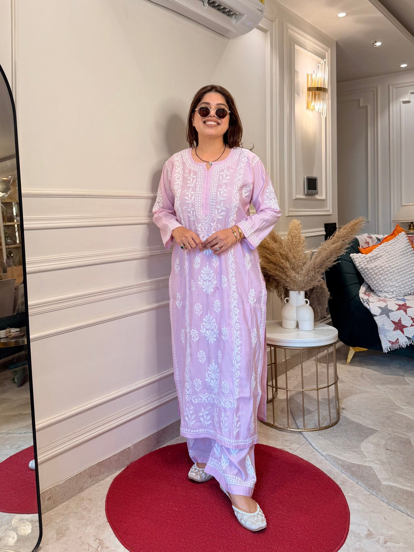 Hand Embroidered Chikankari Kurta Set - Baby Pink