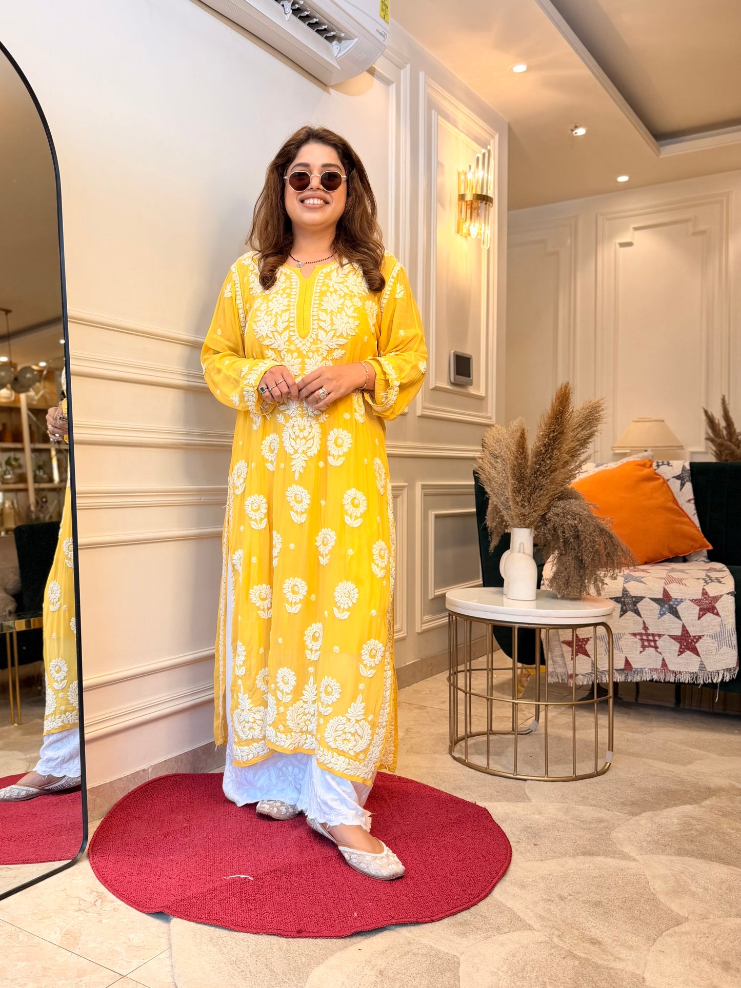 Hand Embroidered 6D Chikankari Kurta  | Premium Viscose | Mustard