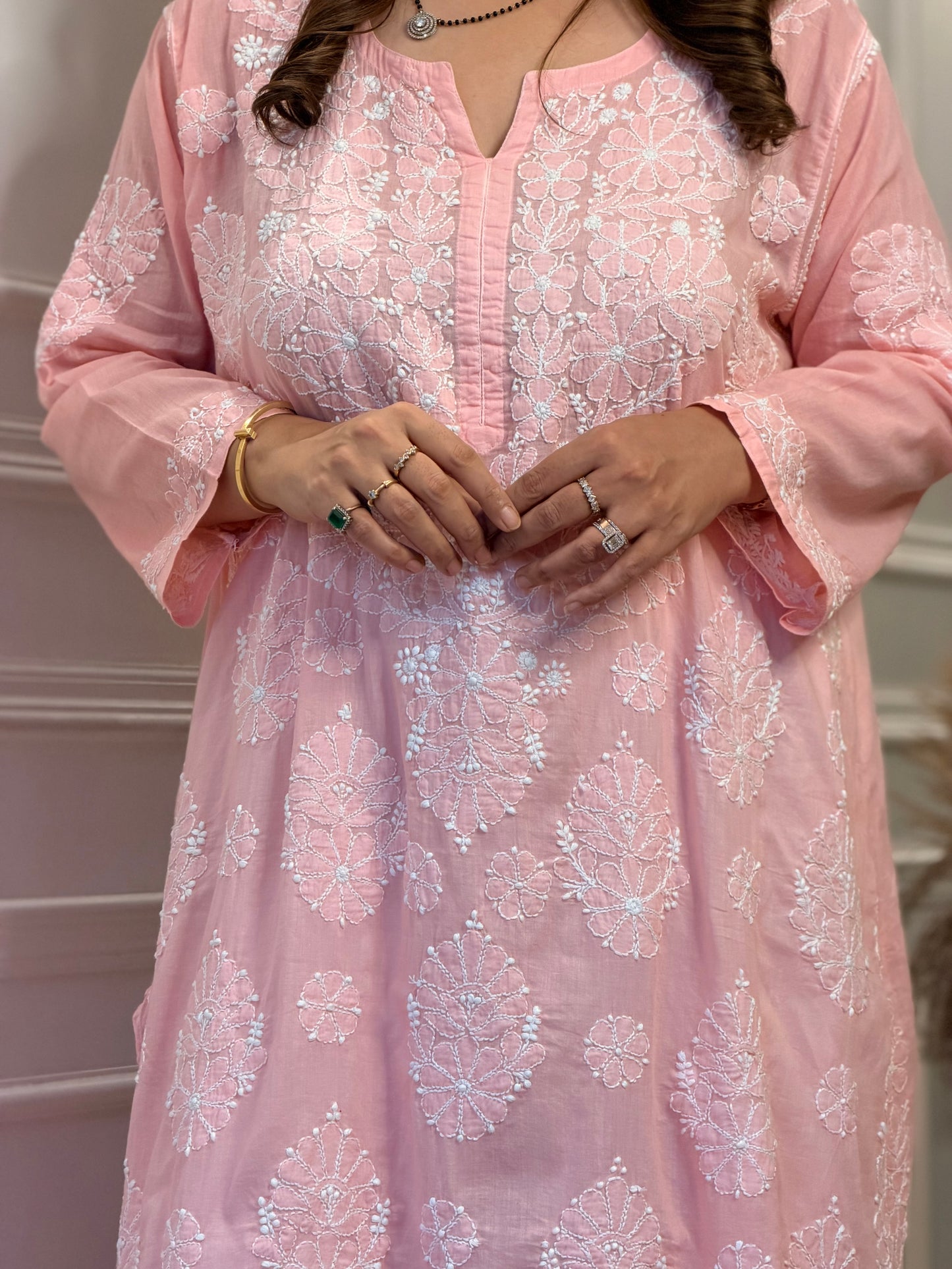 Hand Embroidered Chikankari Kurta | Premium Mul Cotton | Peach Pink