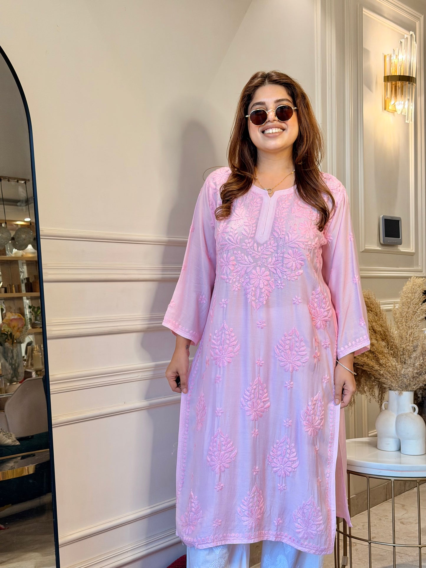 Chikankari Kurta set | Muslin | Barbie Pink