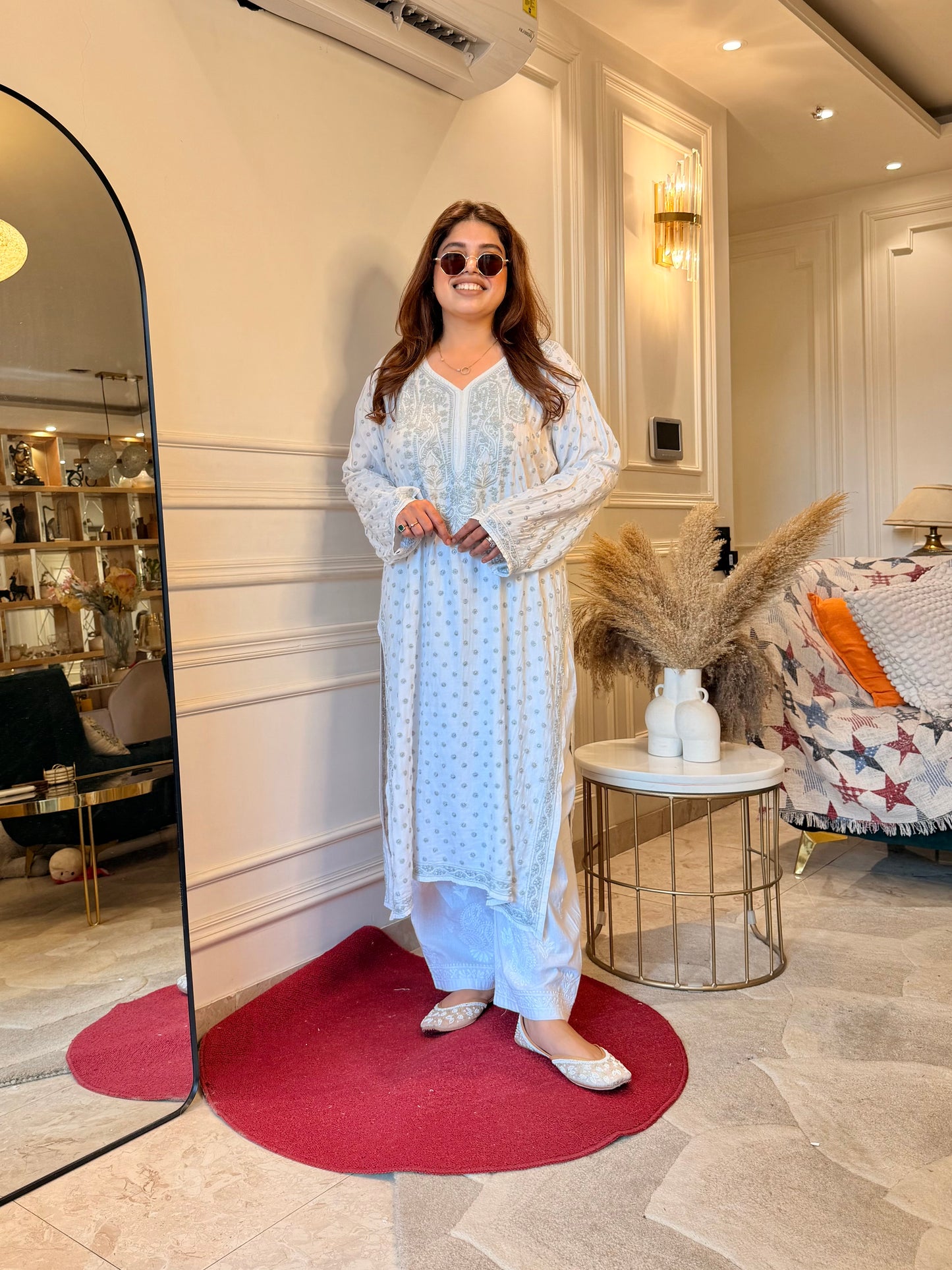 Hand Embroidered Chikankari Kurta  | Mul Chanderi | white with Grey | Plus Size