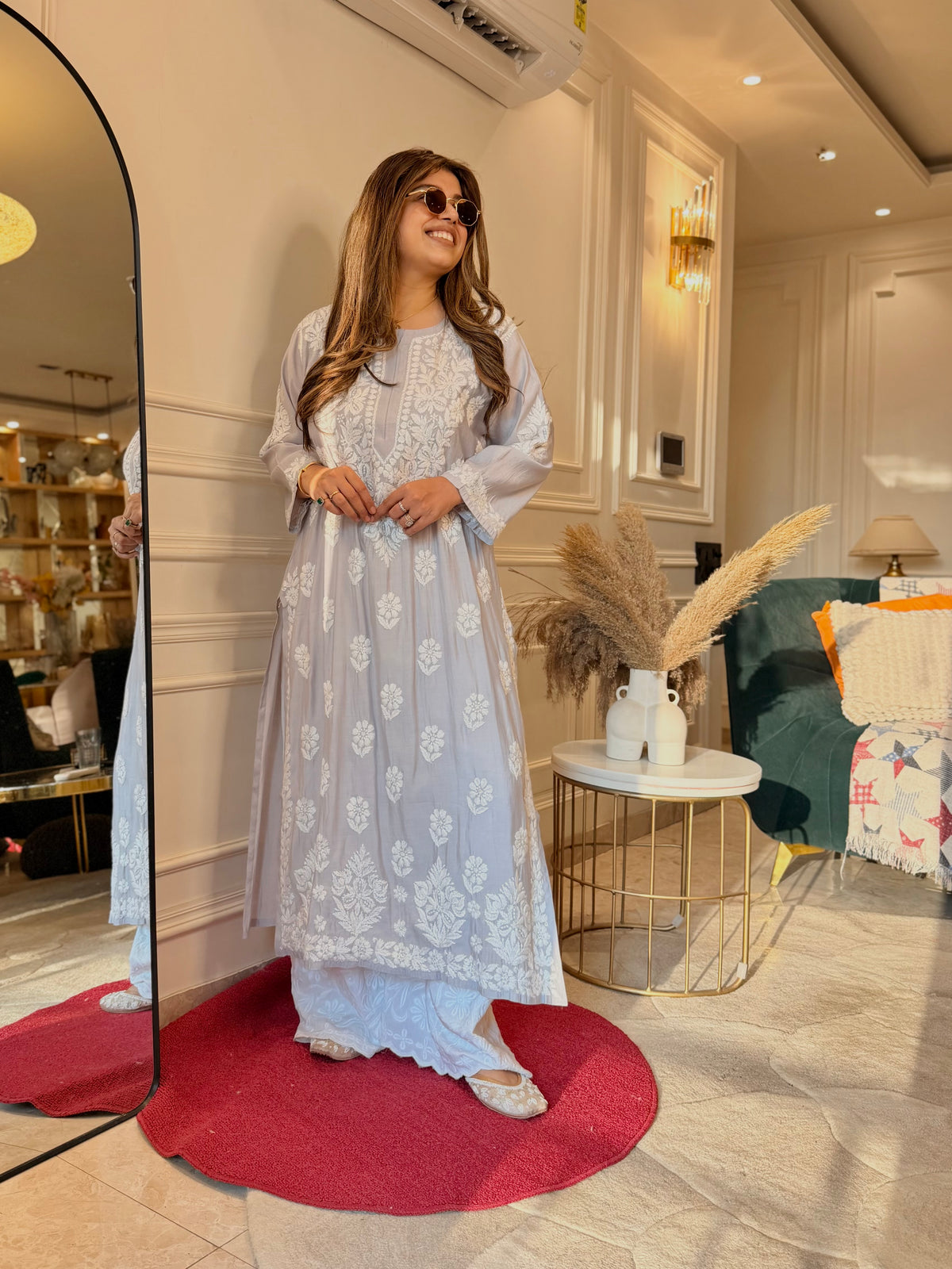 Hand Embroidered 3D Chikankari Kurta | Mul Chanderi | Grey