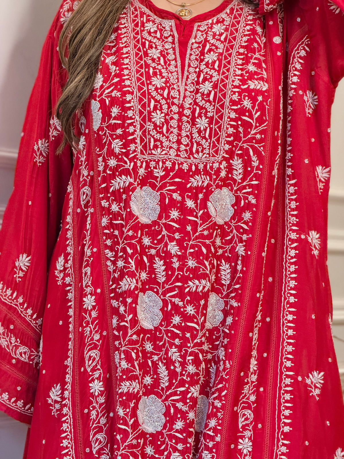 Luxe Hand Embroidered Chikankari Kurta & Duppta | Premium Soft Muslin | Red