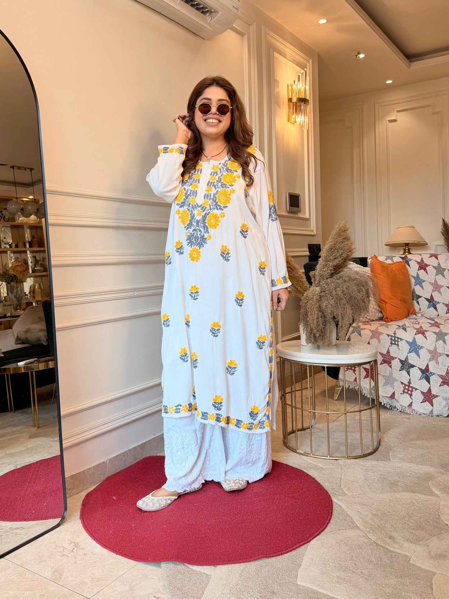 Hand embroidered Chikankari Kurta | Premium Cotton | White with Mustard and Grey
