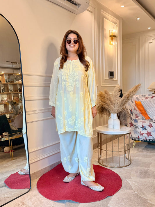 Hand Embroidered Chikankari Cordset | Muslin | Butter Yellow