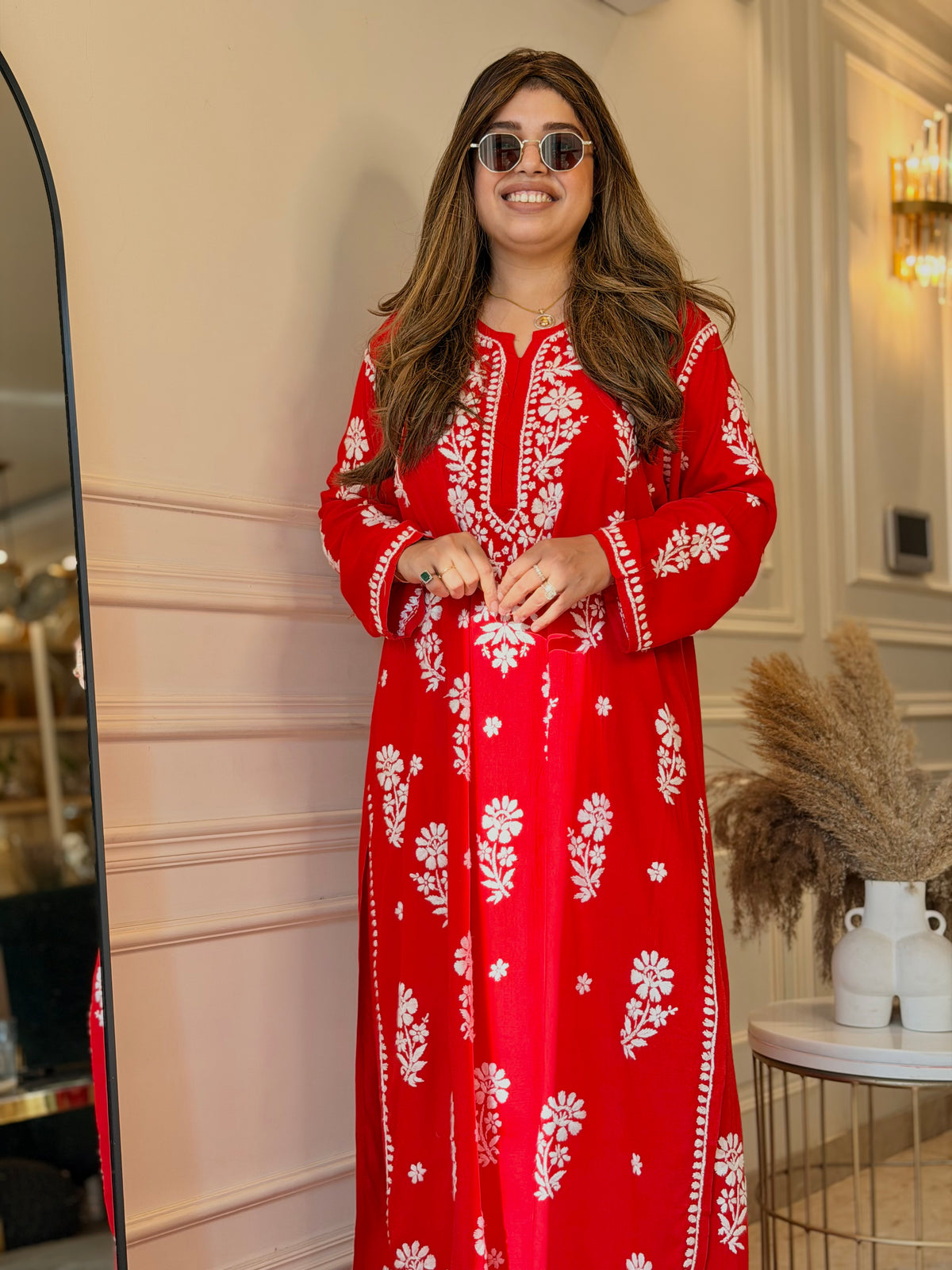 Hand Embroidered 3D Chikankari Kurta set | Premium Modal | Red
