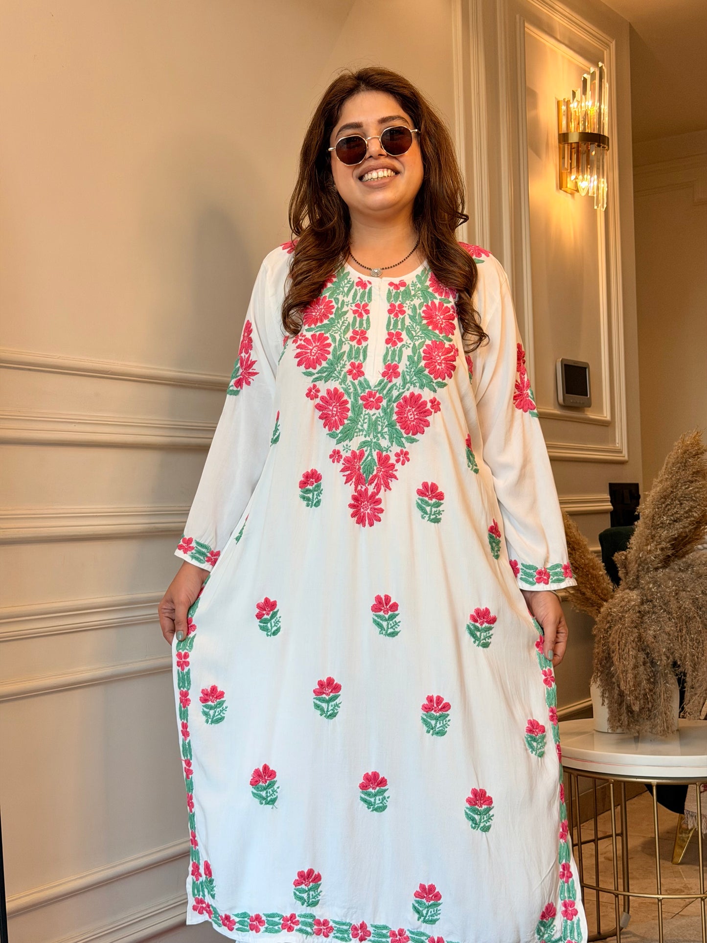 Hand embroidered Chikankari Kurta | Premium Cotton | White with Pink & Green