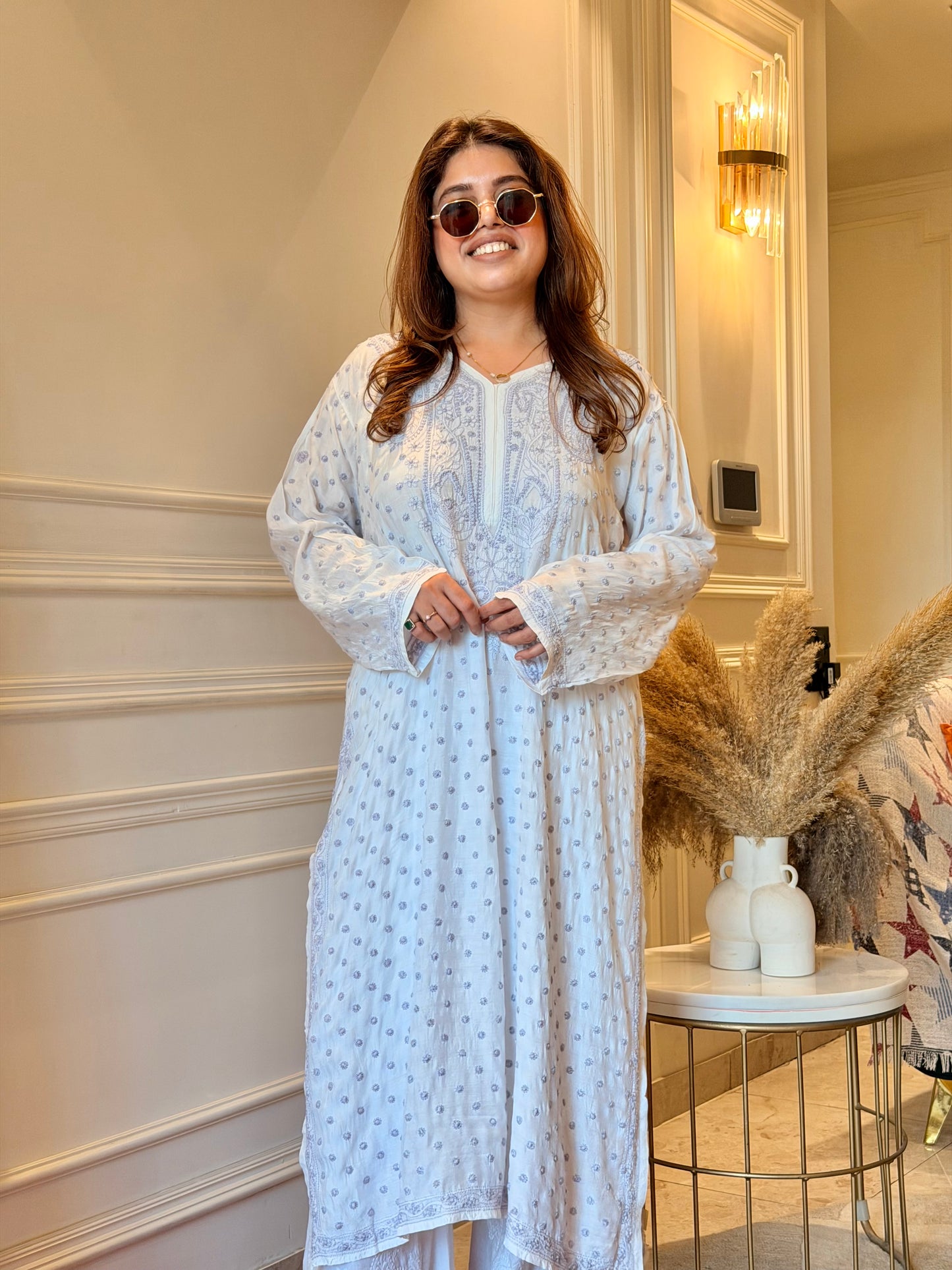 Hand Embroidered Chikankari Kurta  | Mul Chanderi | white with Purple | Plus Size