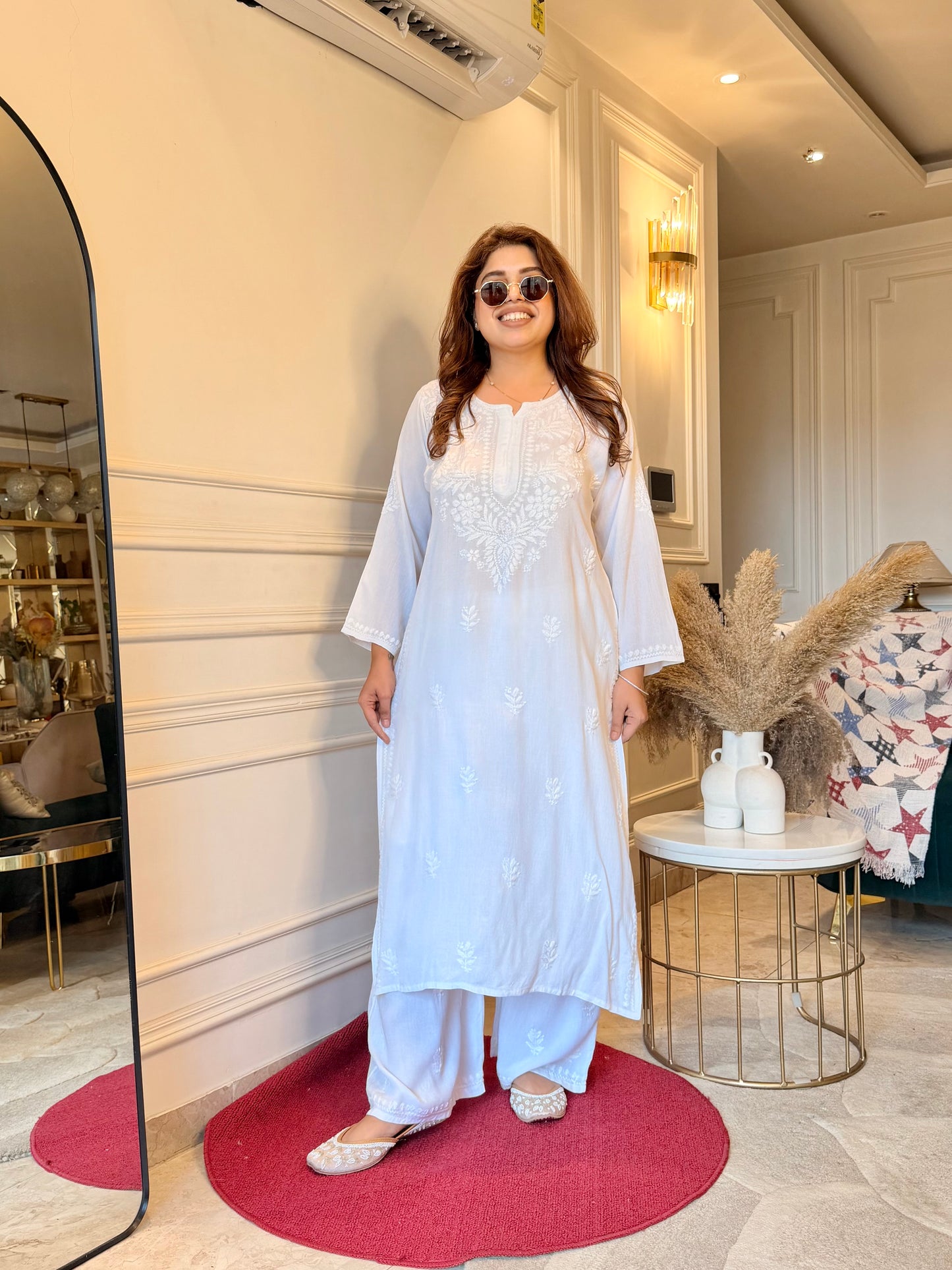 Hand Embroidered Chikankari Kurta set | Modal | white with Shimmer Detailing