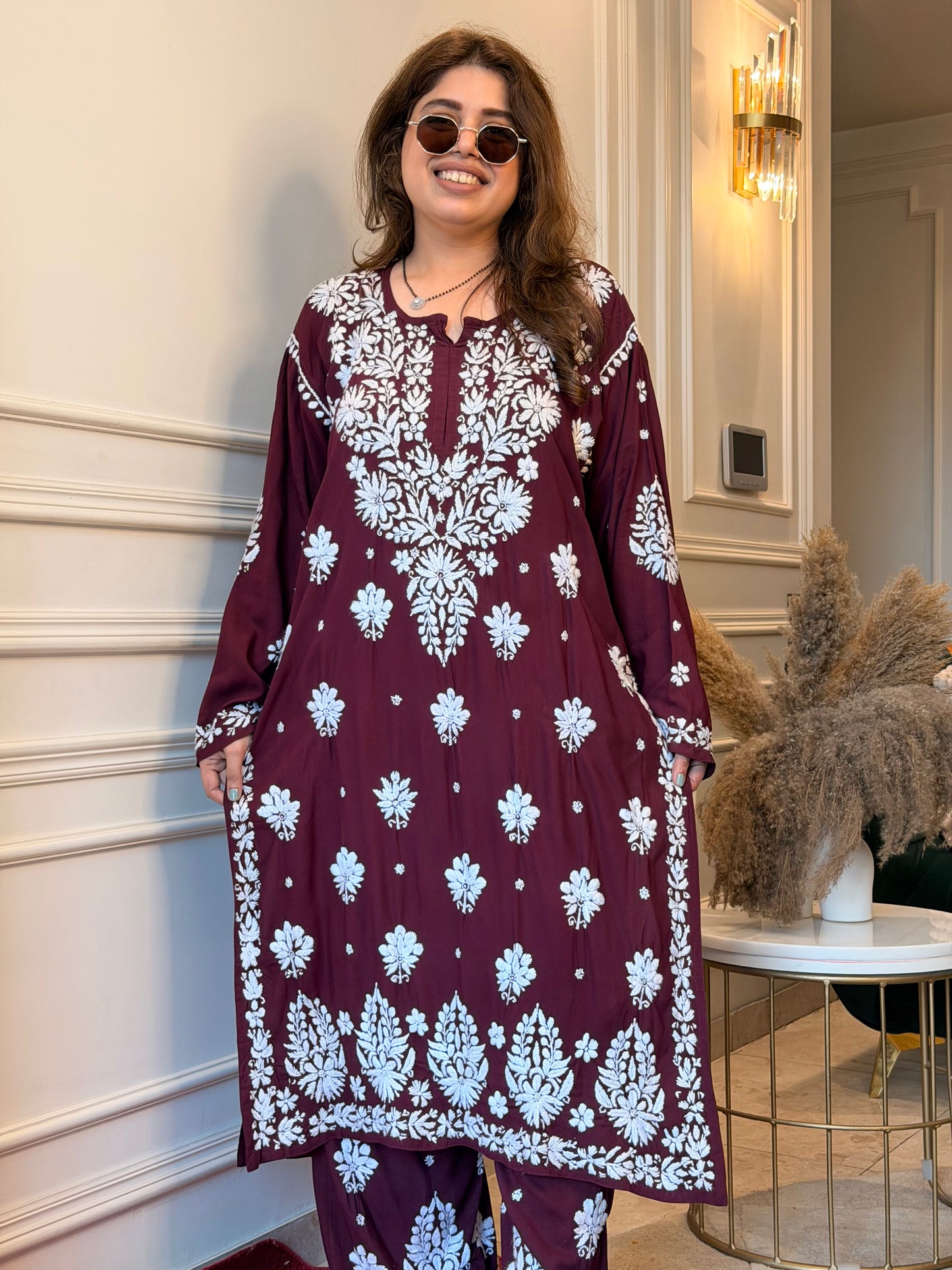 Hand Embroidered Chikankari Kurta set | Premium Modal  | wine