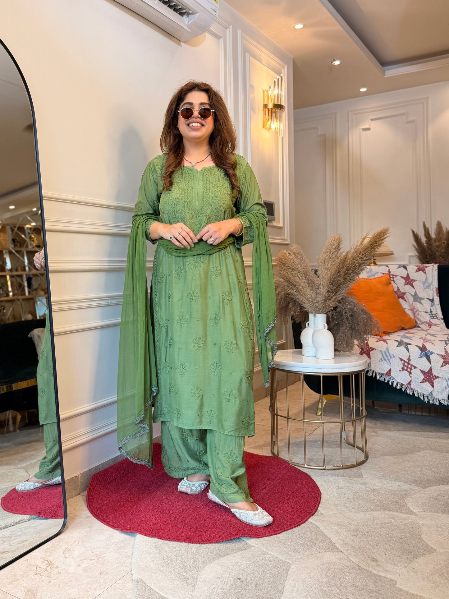Hand Embroidered Chikankari 3 piece Kurta set | Mul Chanderi | Green