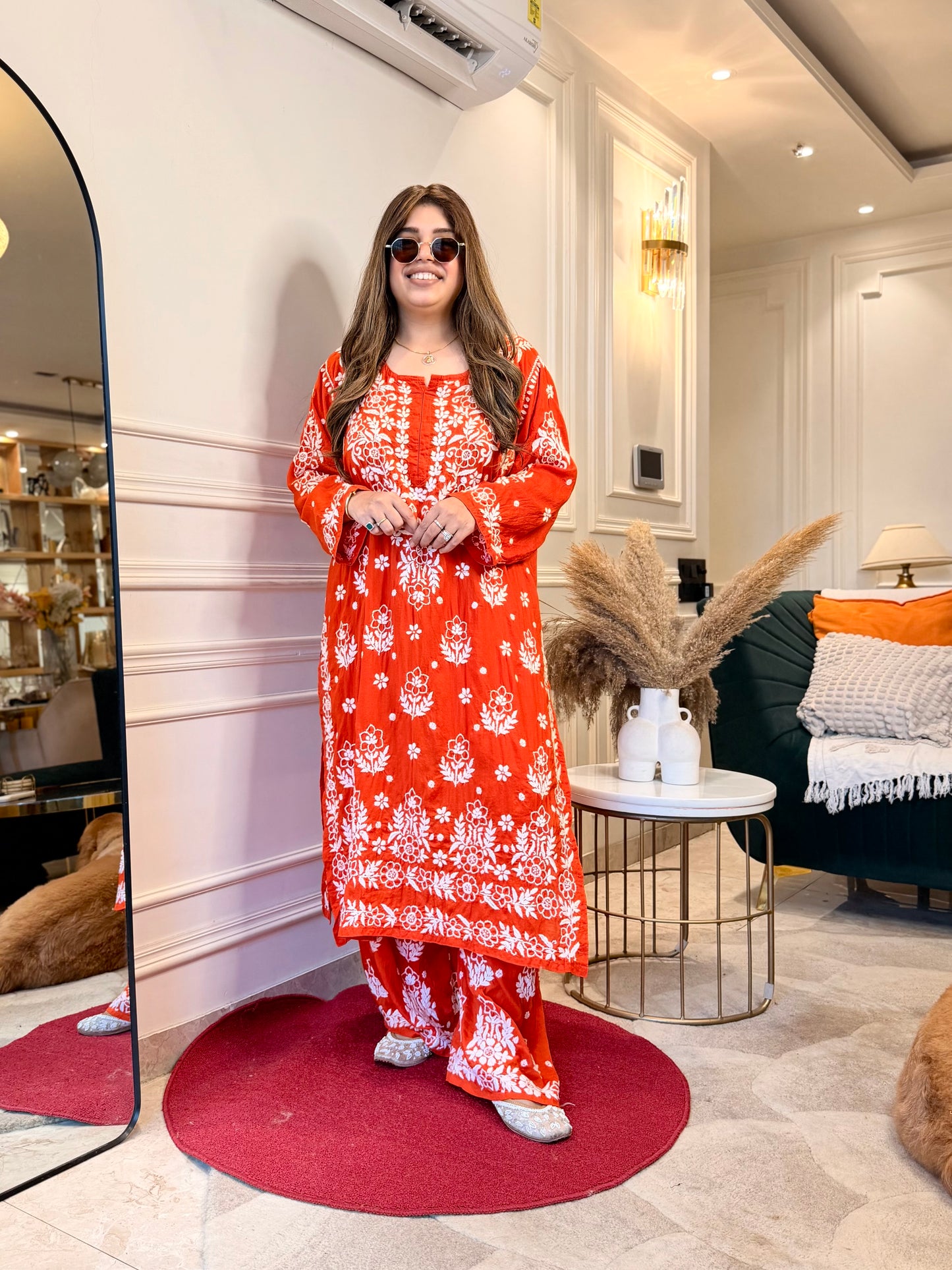 Hand embroidered 3D Chikankari Kurta set | Premium Modal| Orange