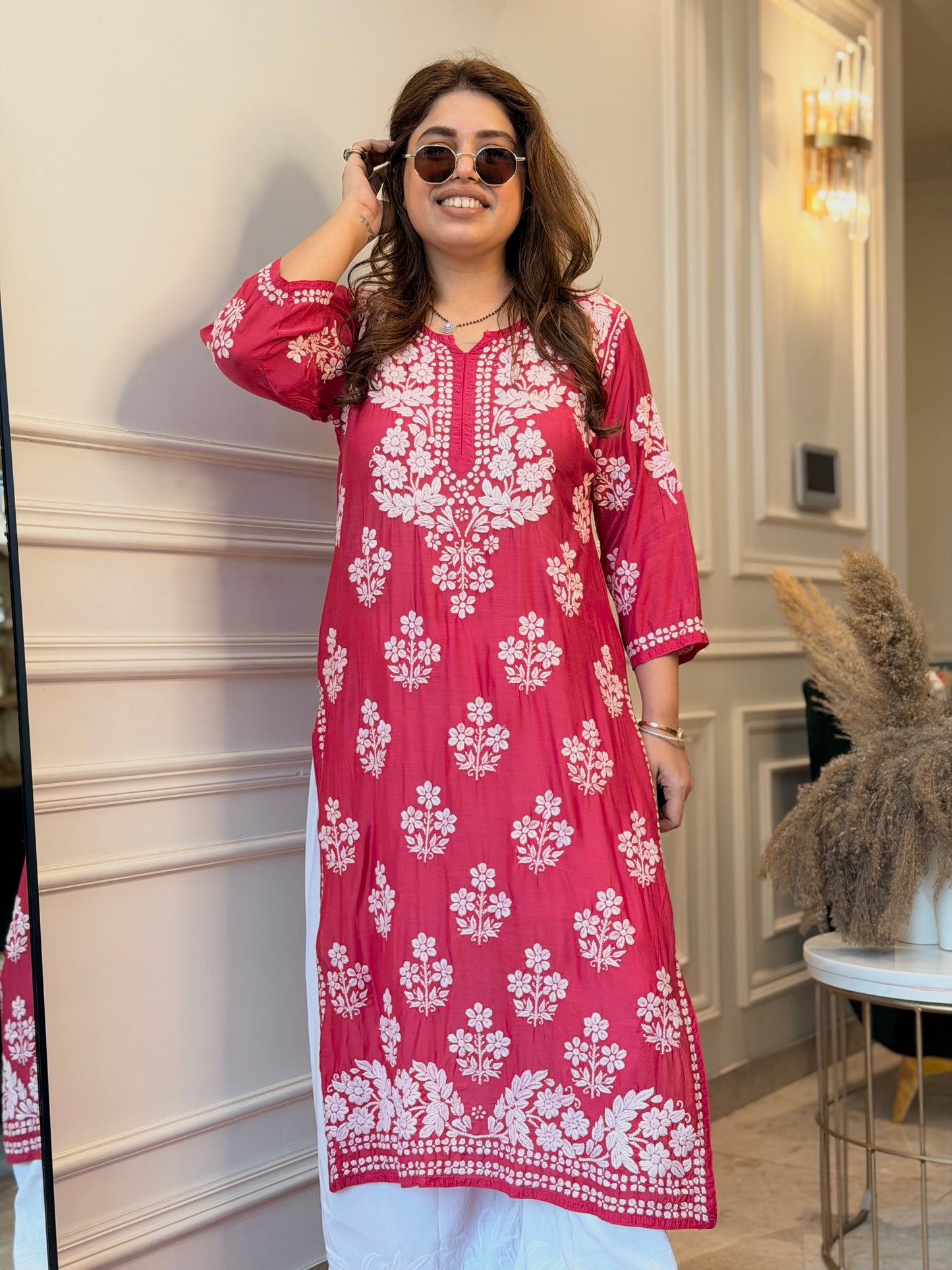 Hand Embroidered 3DChikankari Kurta  | Mul Chanderi | Rose Pink