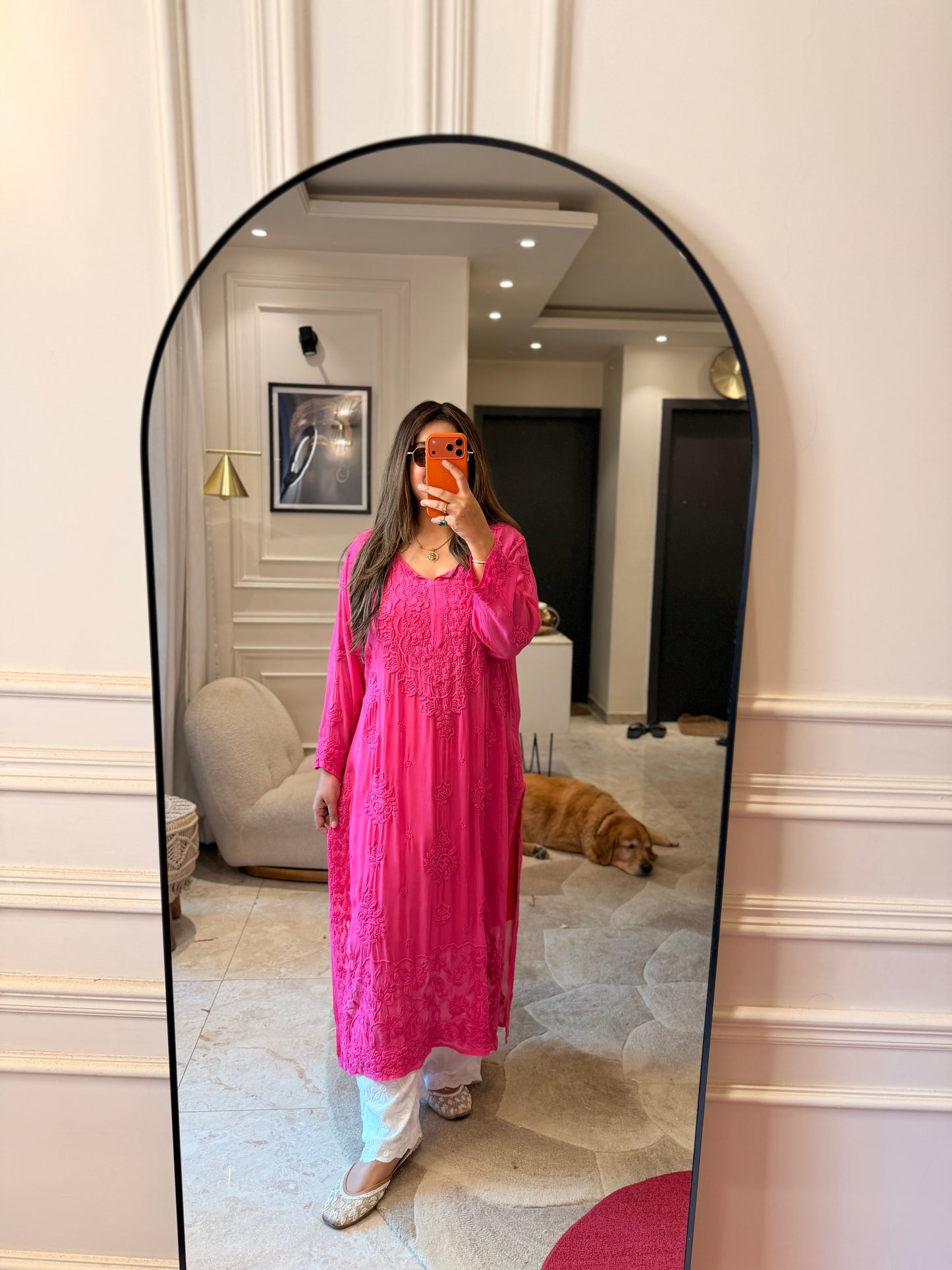 Hand Embroidered 3DChikankari Kurta  | Viscose |  Hot Pink