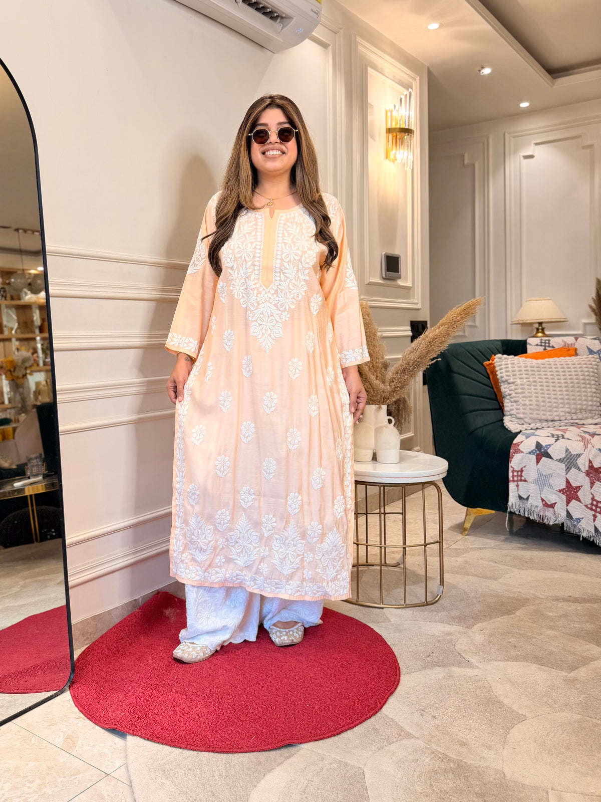 Hand Embroidered 3D Chikankari Kurta | Mul Chanderi | Peach