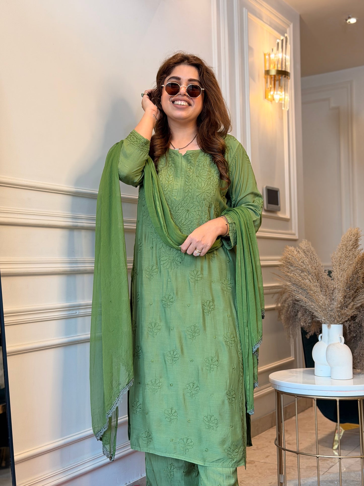 Hand Embroidered Chikankari 3 piece Kurta set | Mul Chanderi | Green