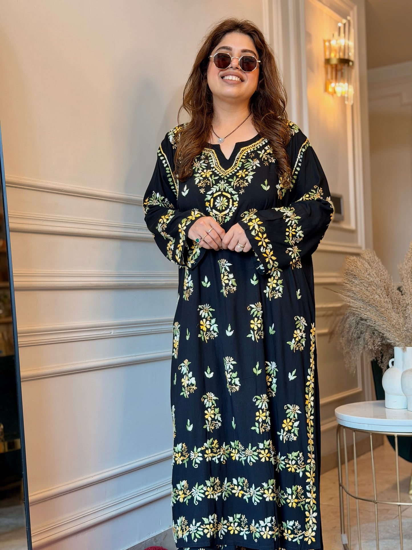 Hand Embroidered Chikankari Kurta set | Modal  | Black with Mustard