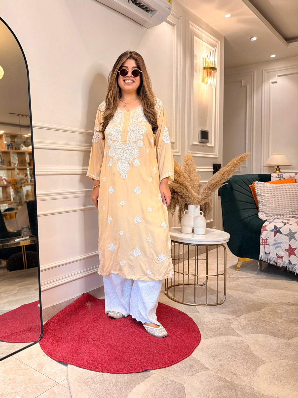 Hand Embroidered 3D Chikankari Kurta | Mul Chanderi | Beige