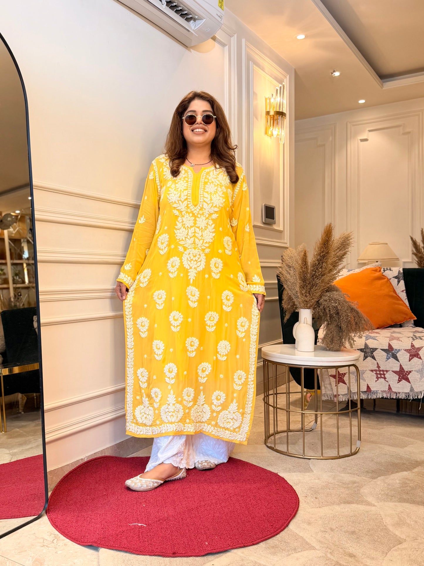 Hand Embroidered 6D Chikankari Kurta  | Premium Viscose | Mustard