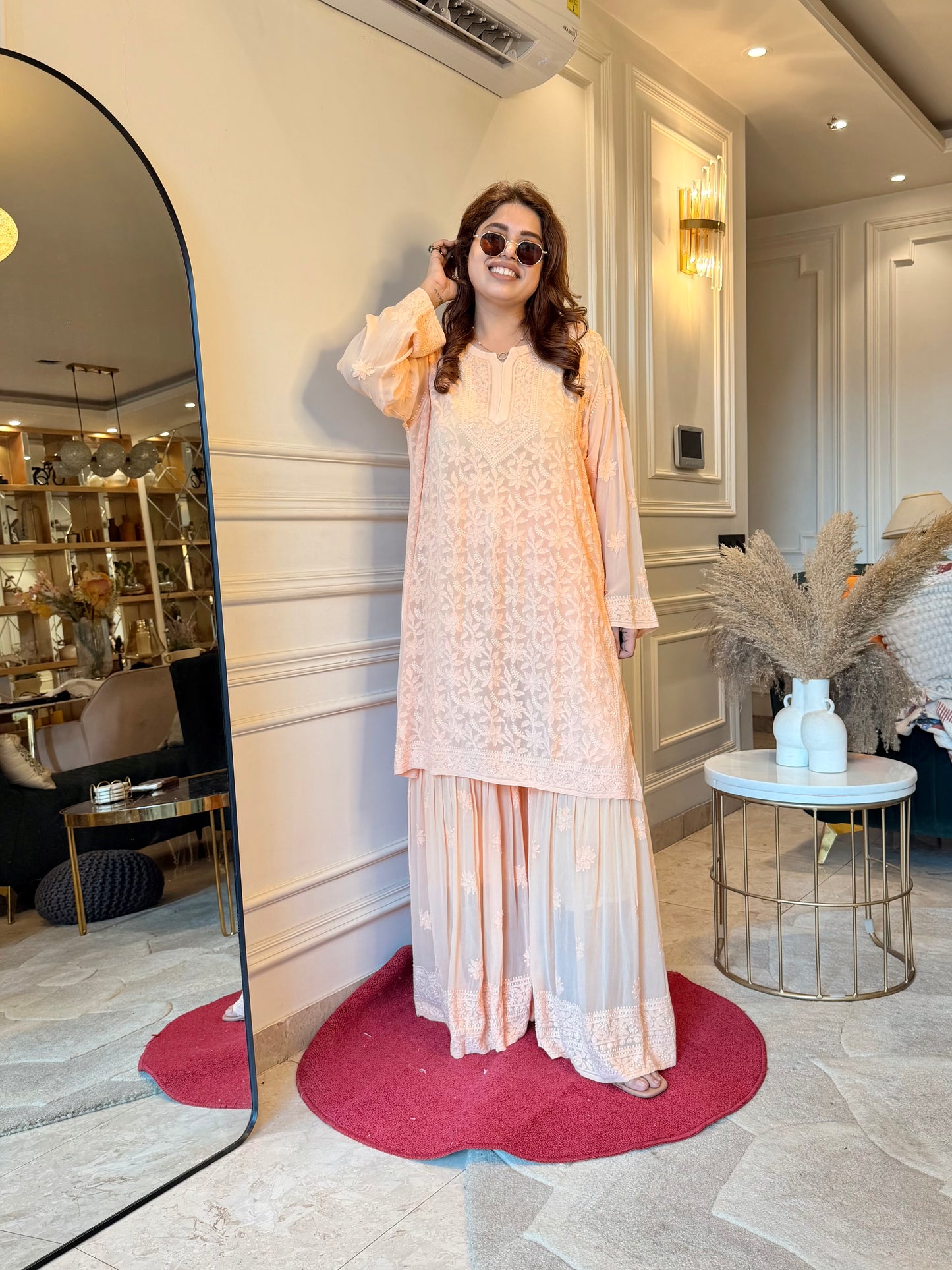 Delicate Full Zaal Hand Embroidered Chikankari Sharara set | Viscose | Peach