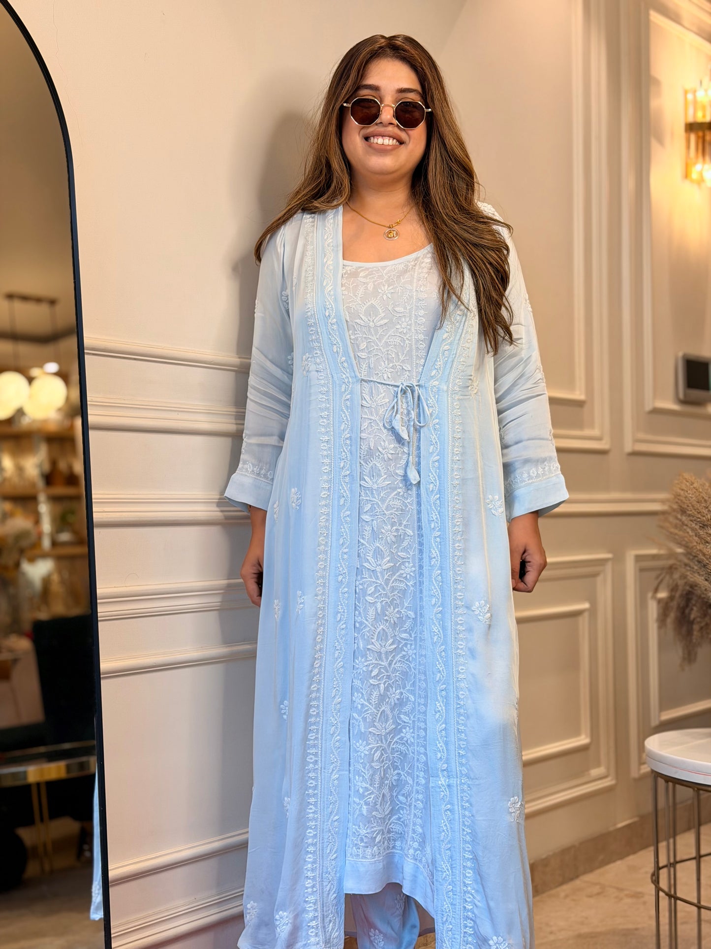 Premium 3 Piece Hand Embroidered Chikankari Kurta set | Modal satin | Powder Blue