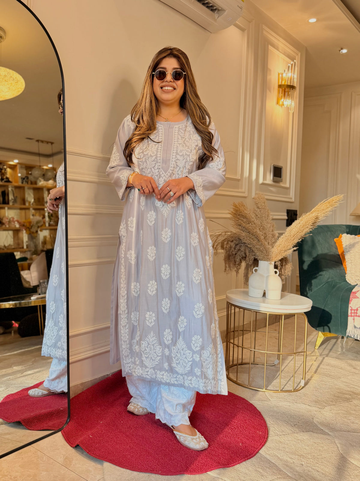 Hand Embroidered 3D Chikankari Kurta | Mul Chanderi | Grey
