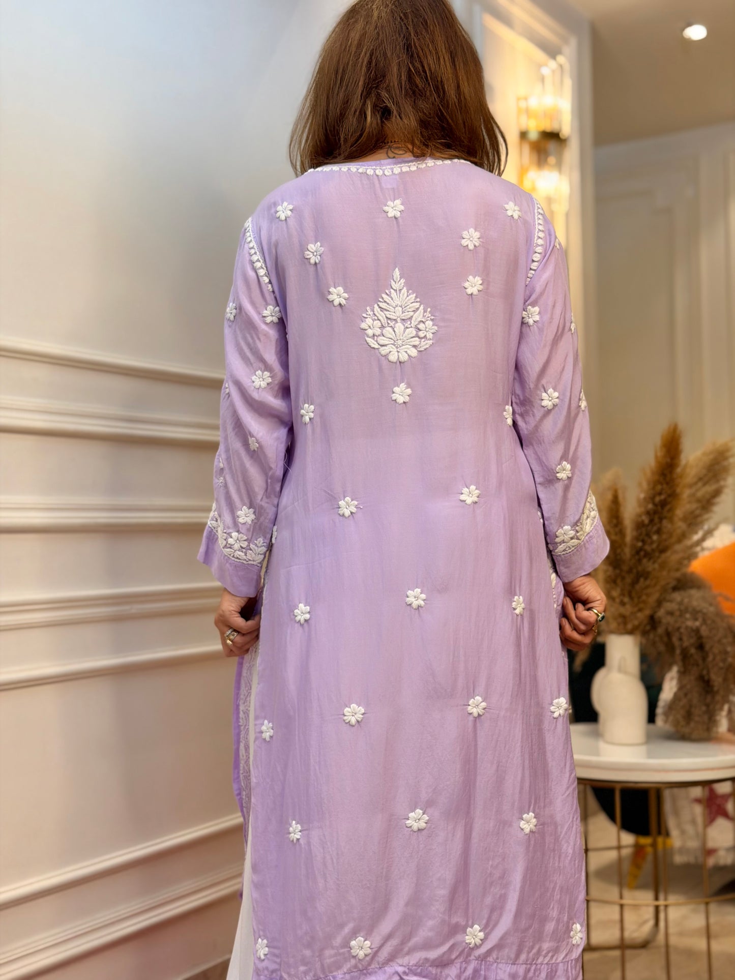 Hand Embroidered Chikankari Kurta Set | Premium Mul Chanderi | Lavender
