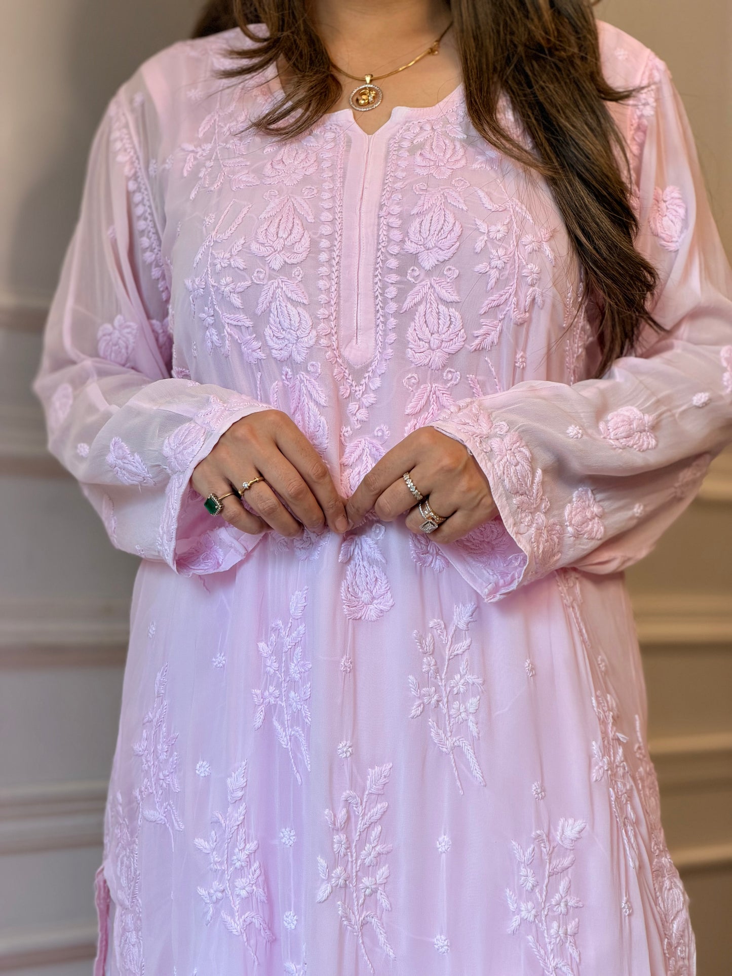 Hand Embroidered 3DChikankari Kurta  | Viscose | Pink