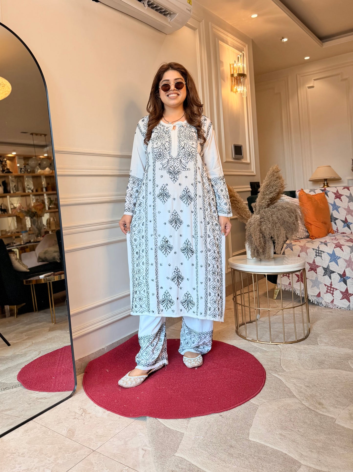 Hand embroidered Chikankari Kurta Set |Premium Soft Cotton | White with Black